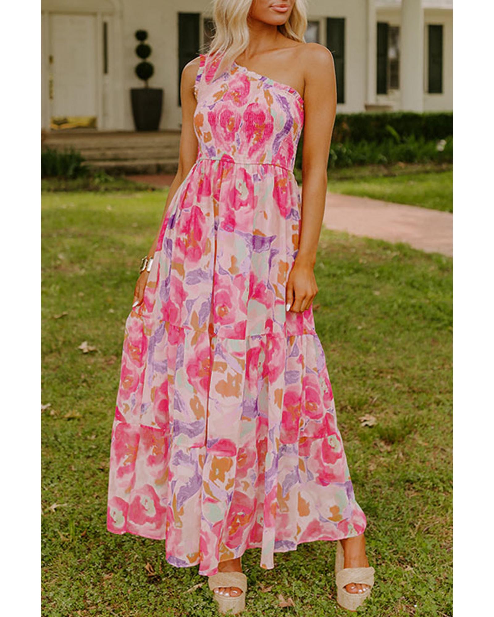 Pink Abstract Floral Print Shirred One Shoulder Maxi Dress - XL