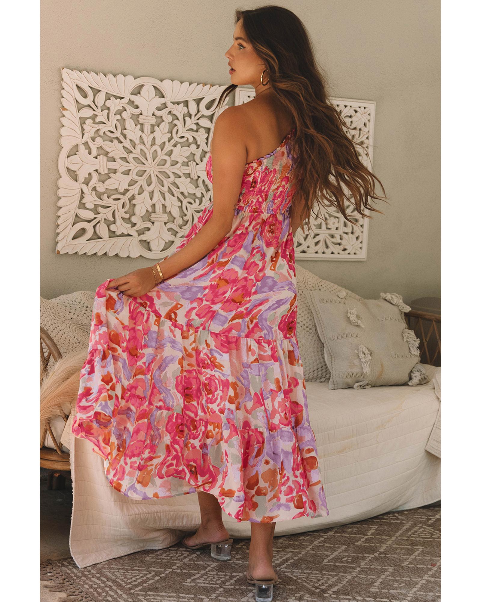 Pink Abstract Floral Print Shirred One Shoulder Maxi Dress - XL 4