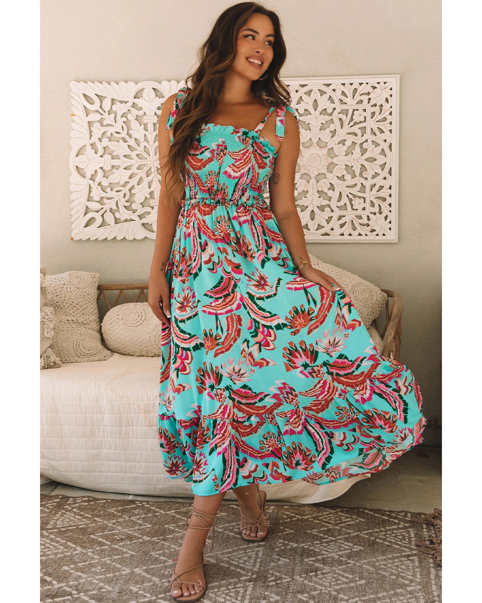 Green Abstract Print Smocked Bodice Knotted Straps Ruffled Maxi Dress - L 3