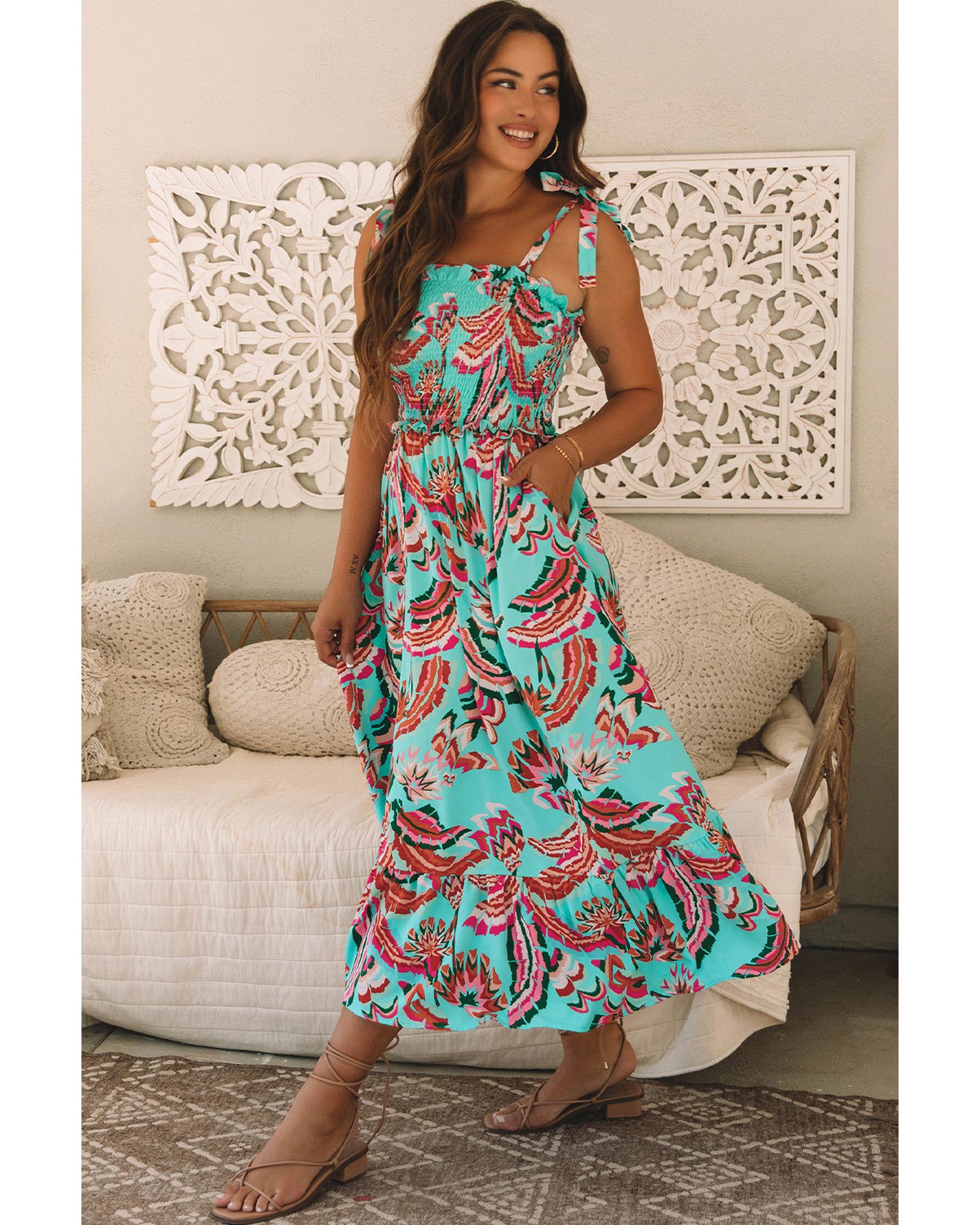 Green Abstract Print Smocked Bodice Knotted Straps Ruffled Maxi Dress - L 4