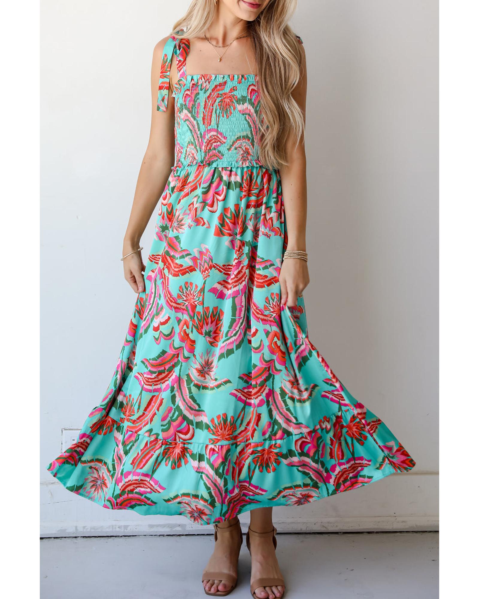 Green Abstract Print Smocked Bodice Knotted Straps Ruffled Maxi Dress - L 6