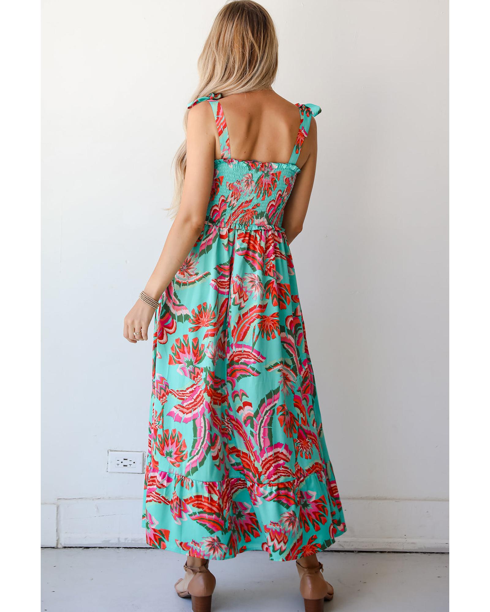 Green Abstract Print Smocked Bodice Knotted Straps Ruffled Maxi Dress - L 7