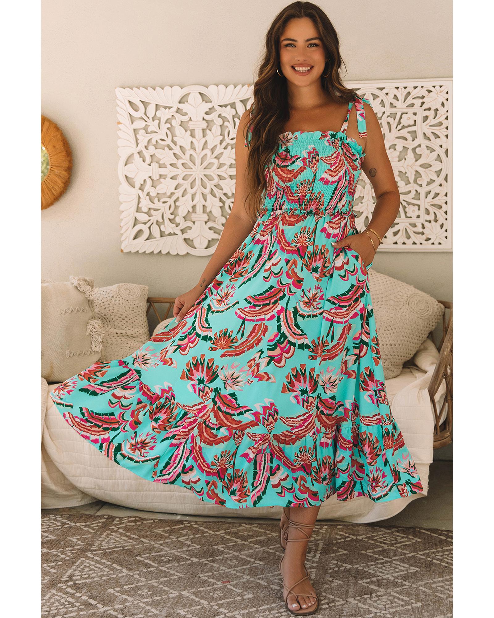 Green Abstract Print Smocked Bodice Knotted Straps Ruffled Maxi Dress - M 3