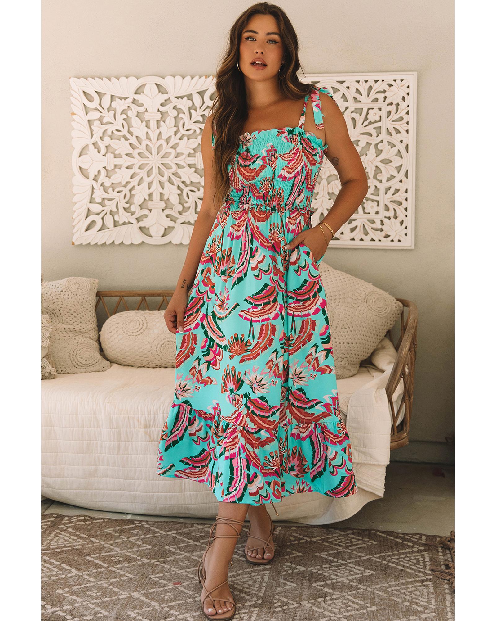 Green Abstract Print Smocked Bodice Knotted Straps Ruffled Maxi Dress - XL