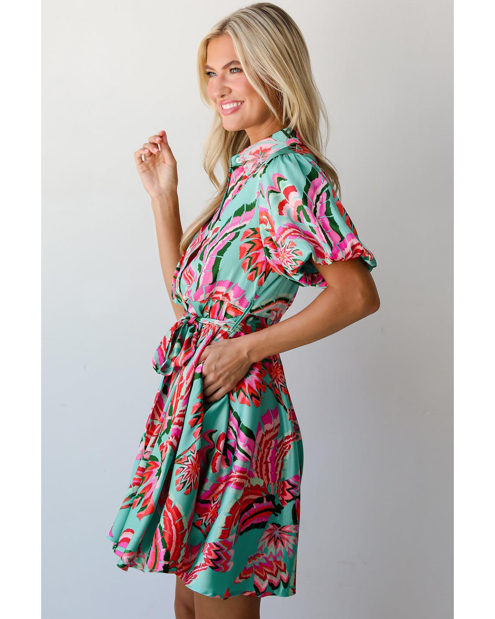 Green Abstract Print Lace-up High Waist Buttoned Mini Dress - L 3