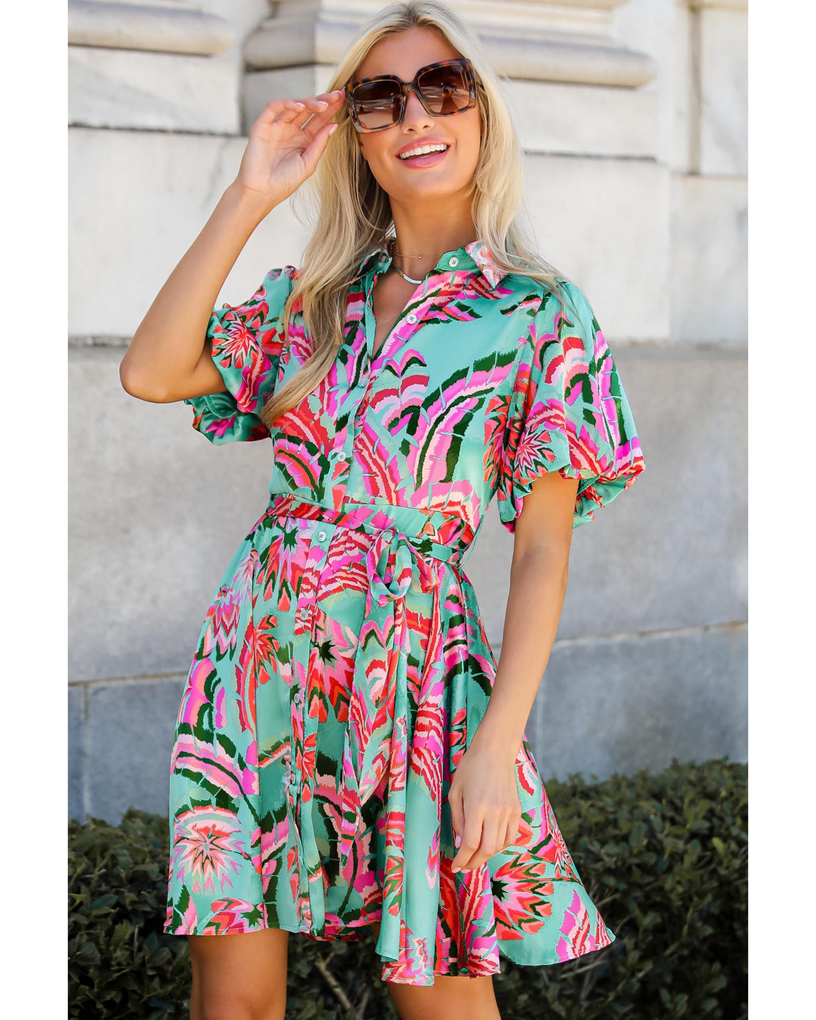 Green Abstract Print Lace-up High Waist Buttoned Mini Dress - L 5