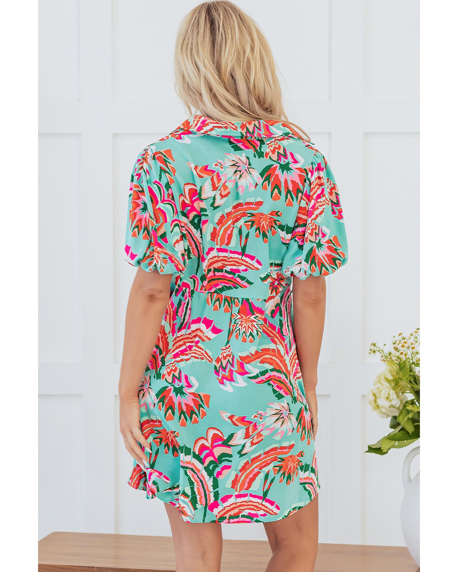 Green Abstract Print Lace-up High Waist Buttoned Mini Dress - L 7