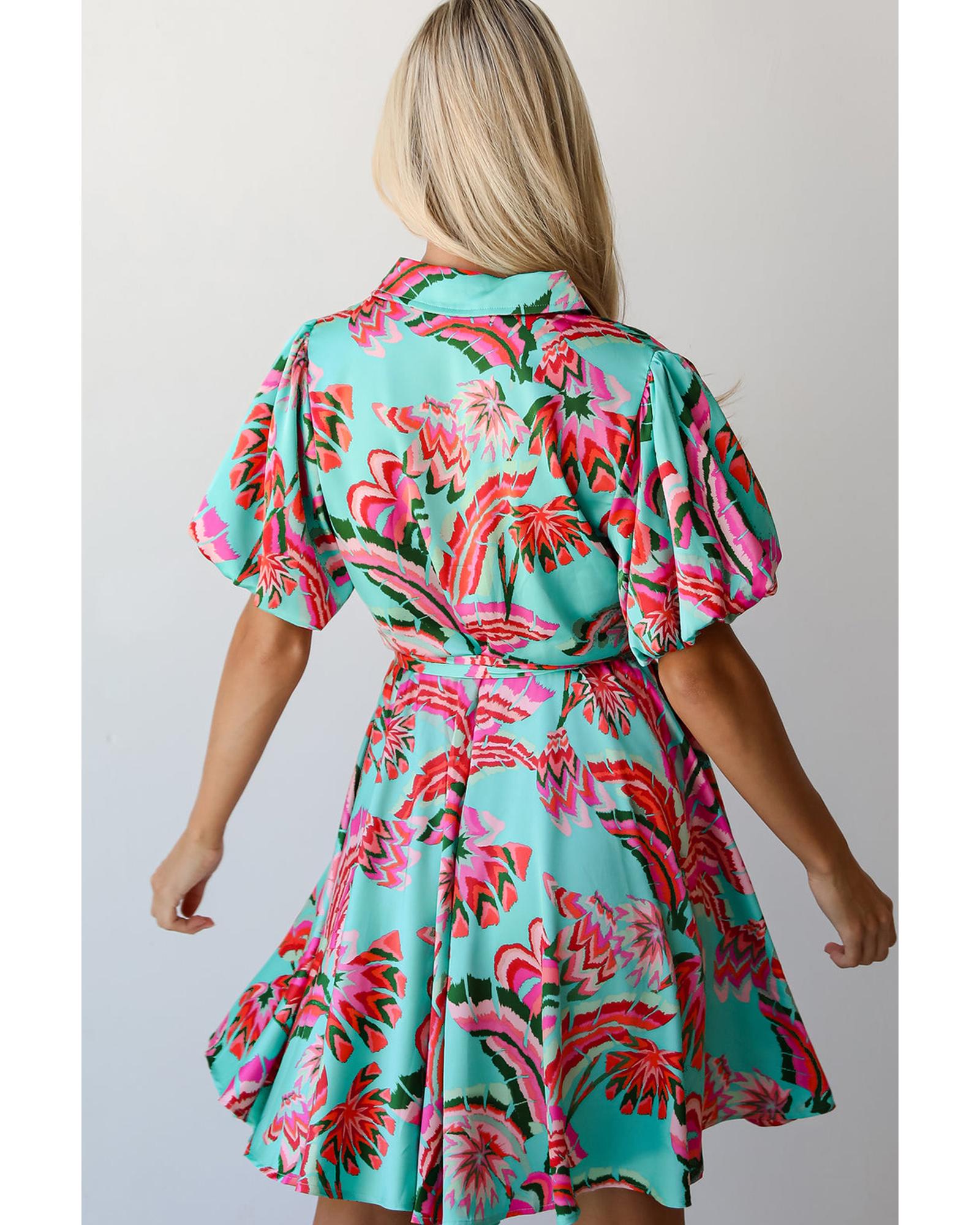 Green Abstract Print Lace-up High Waist Buttoned Mini Dress - S