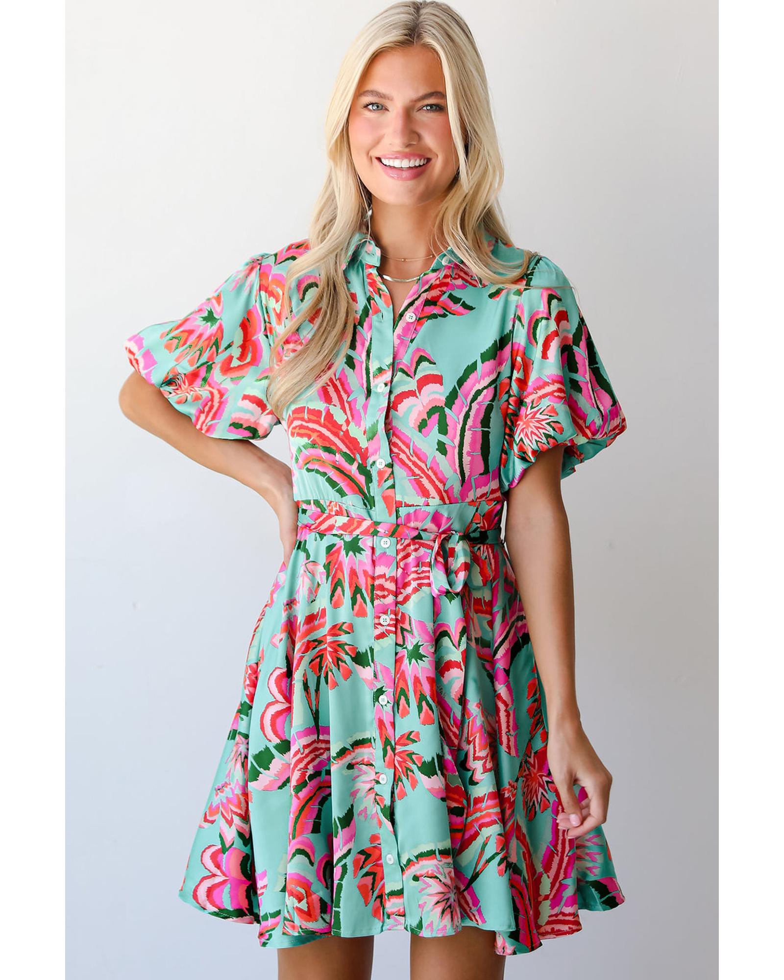 Green Abstract Print Lace-up High Waist Buttoned Mini Dress - S 4