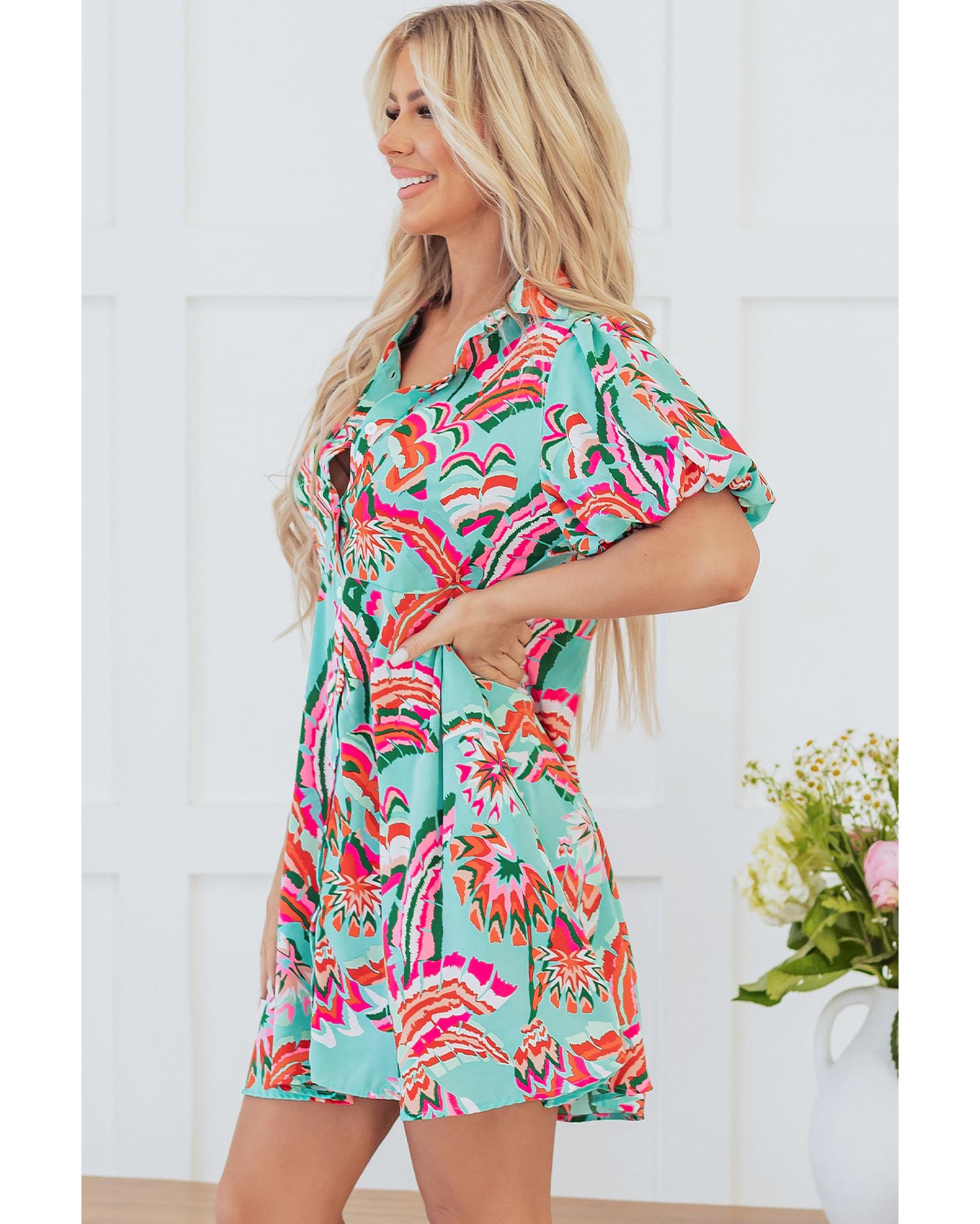 Green Abstract Print Lace-up High Waist Buttoned Mini Dress - S 8