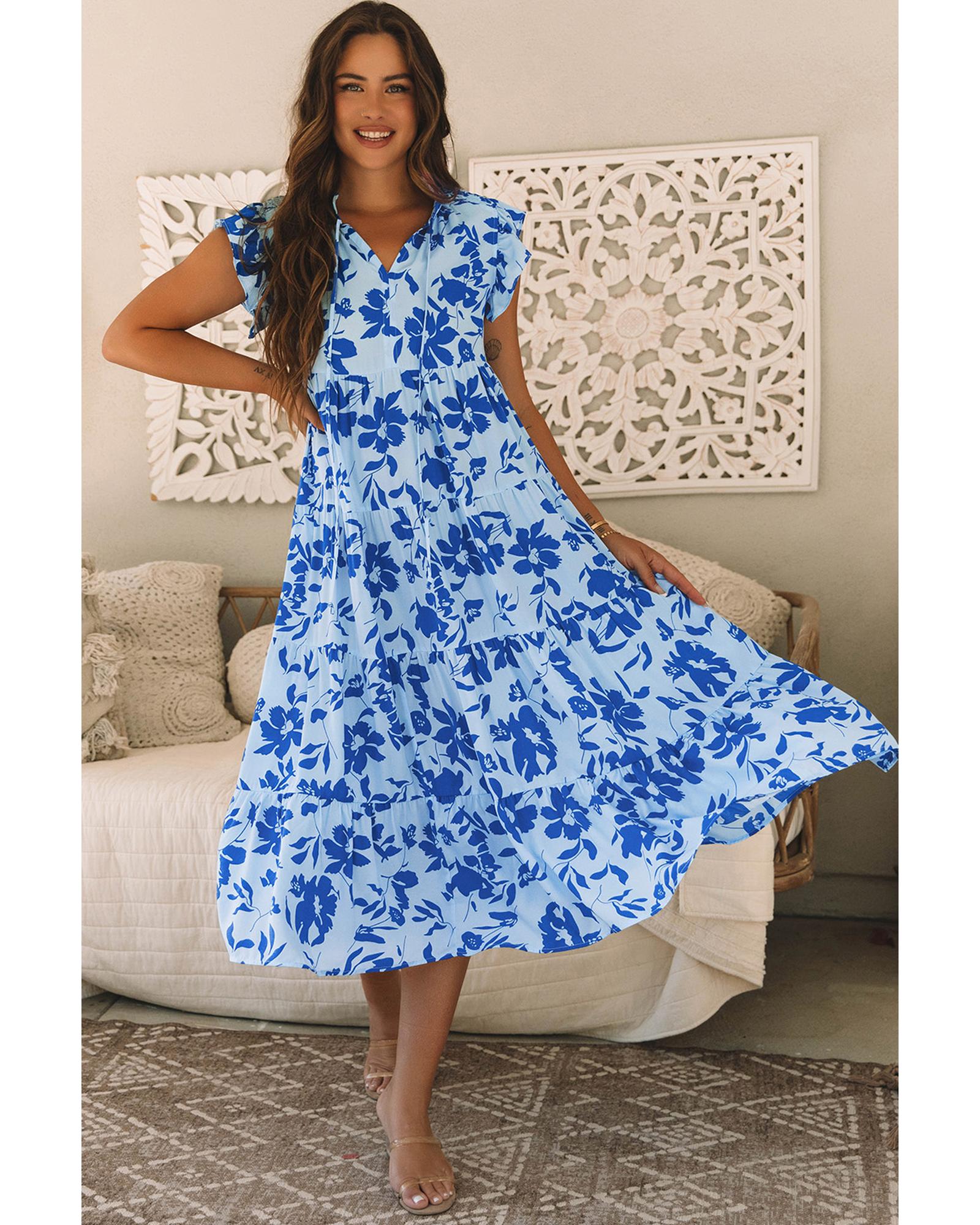 Sky Blue Floral Print Tiered Frilled Trim Flutter Sleeve Maxi Dress - S 3
