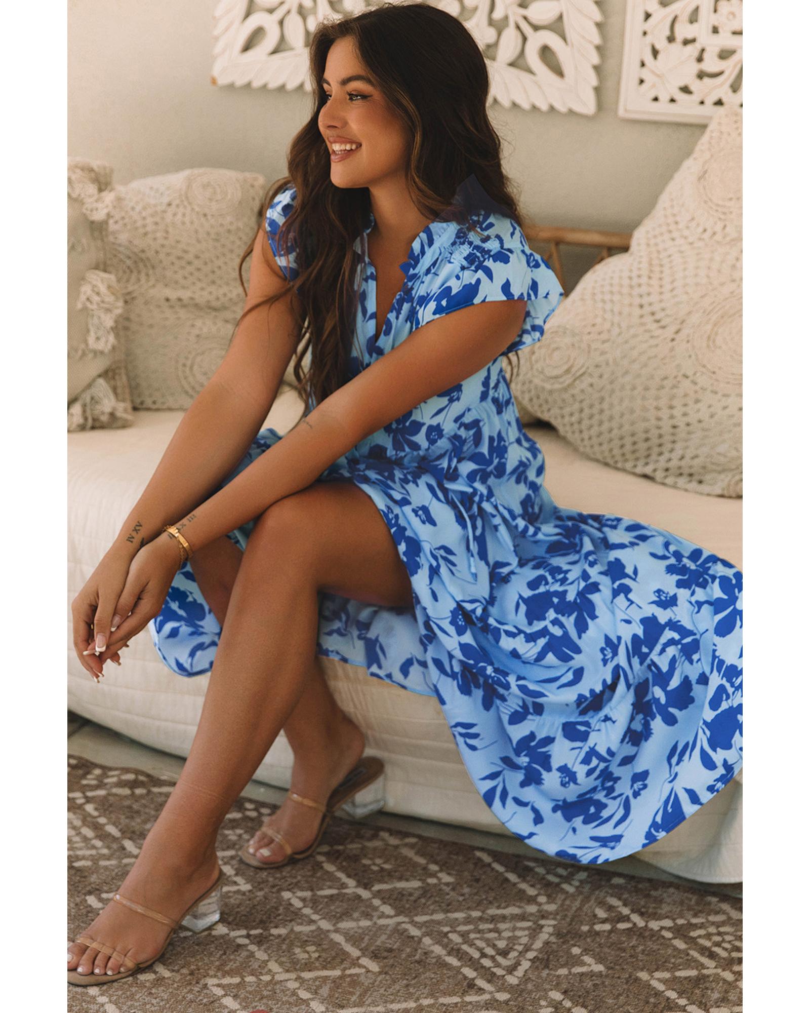 Sky Blue Floral Print Tiered Frilled Trim Flutter Sleeve Maxi Dress - S 4