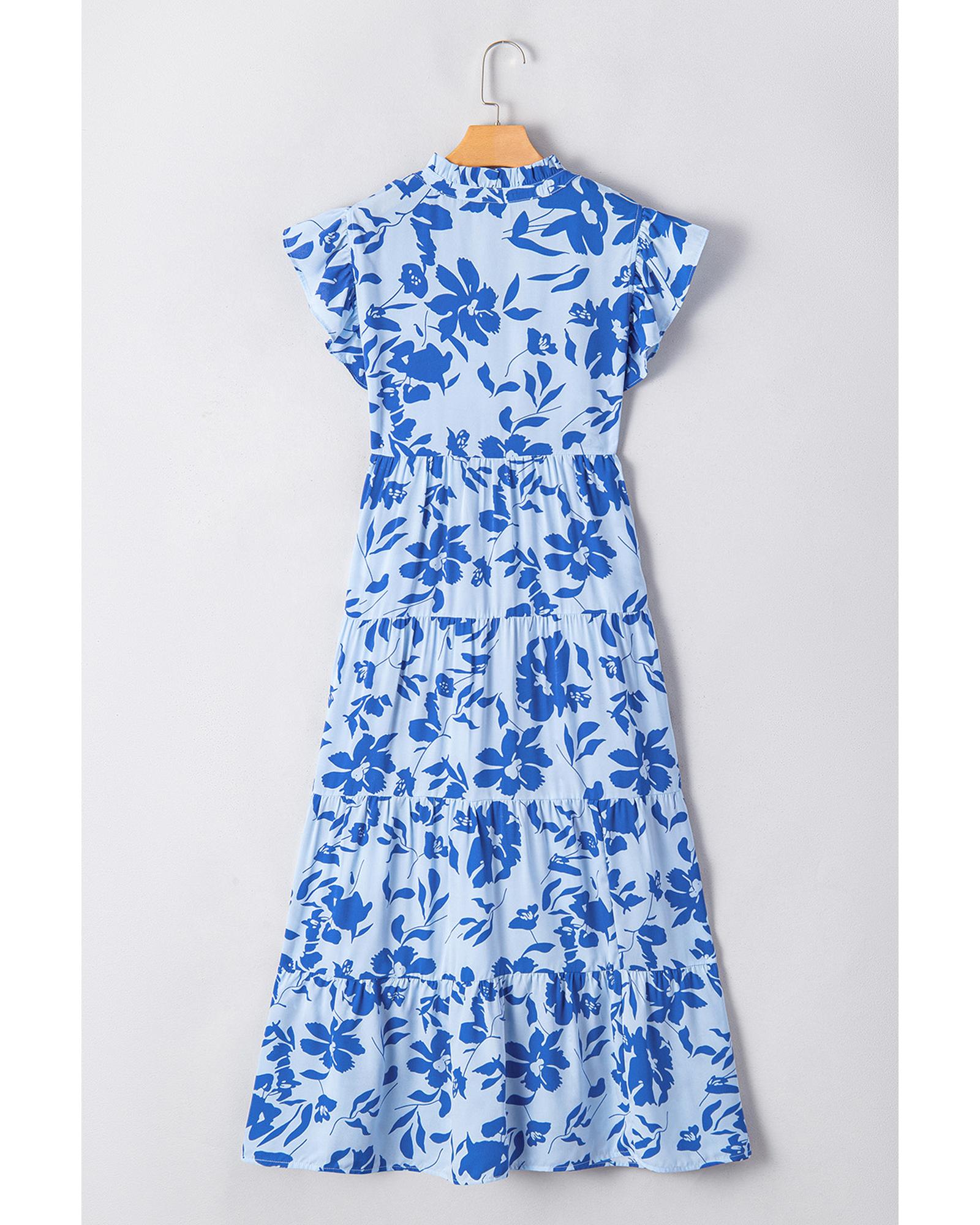 Sky Blue Floral Print Tiered Frilled Trim Flutter Sleeve Maxi Dress - S 5