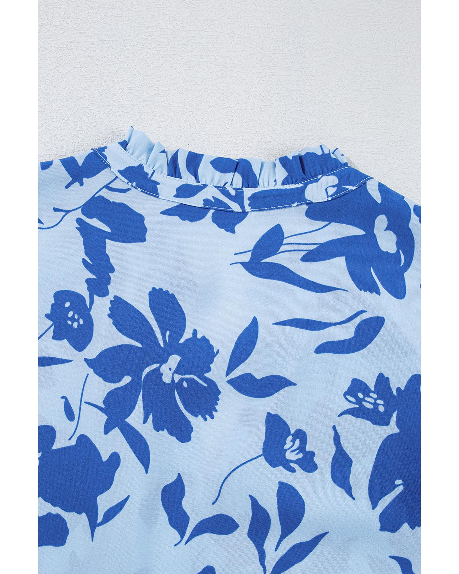 Sky Blue Floral Print Tiered Frilled Trim Flutter Sleeve Maxi Dress - S 6