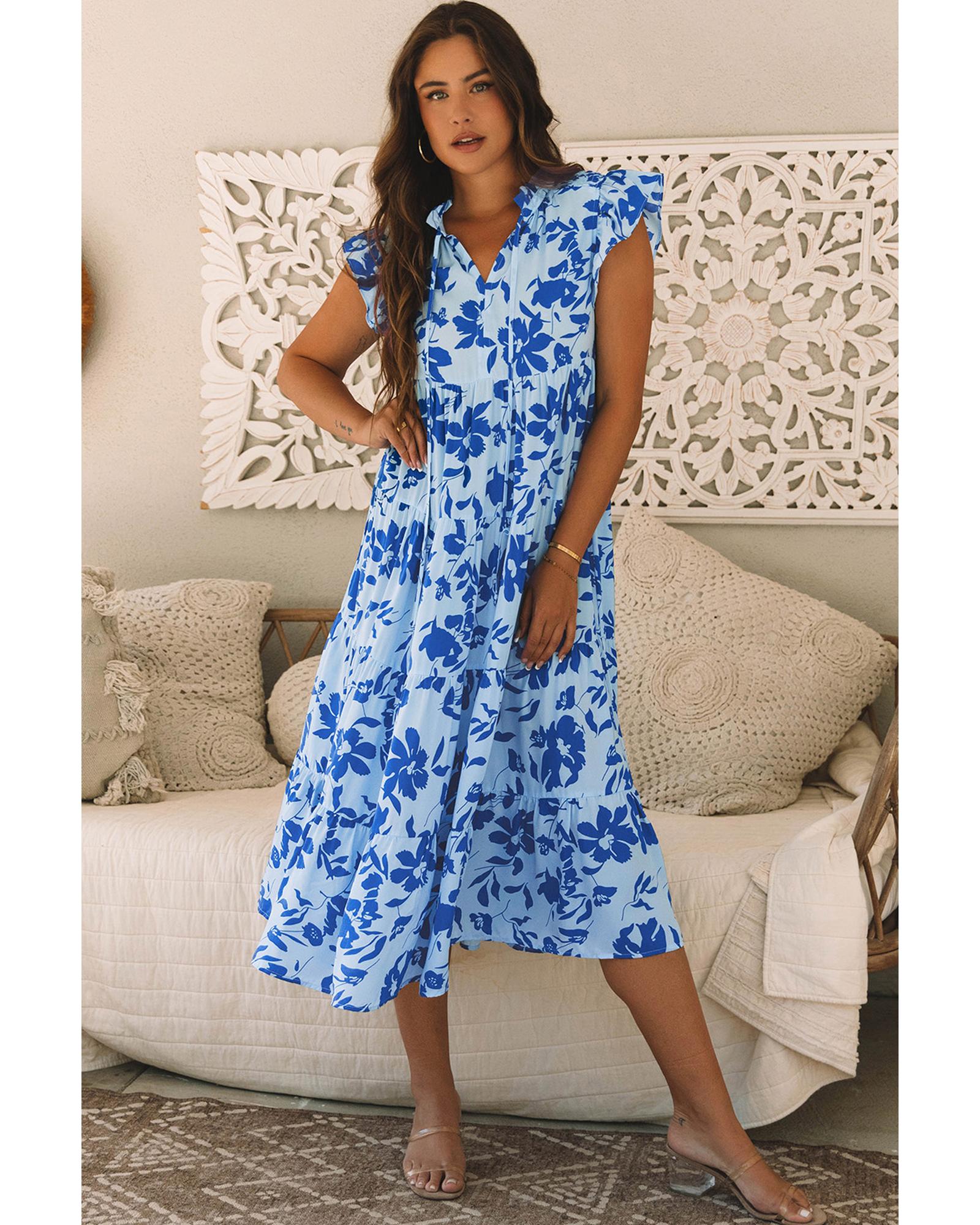 Sky Blue Floral Print Tiered Frilled Trim Flutter Sleeve Maxi Dress - S 8