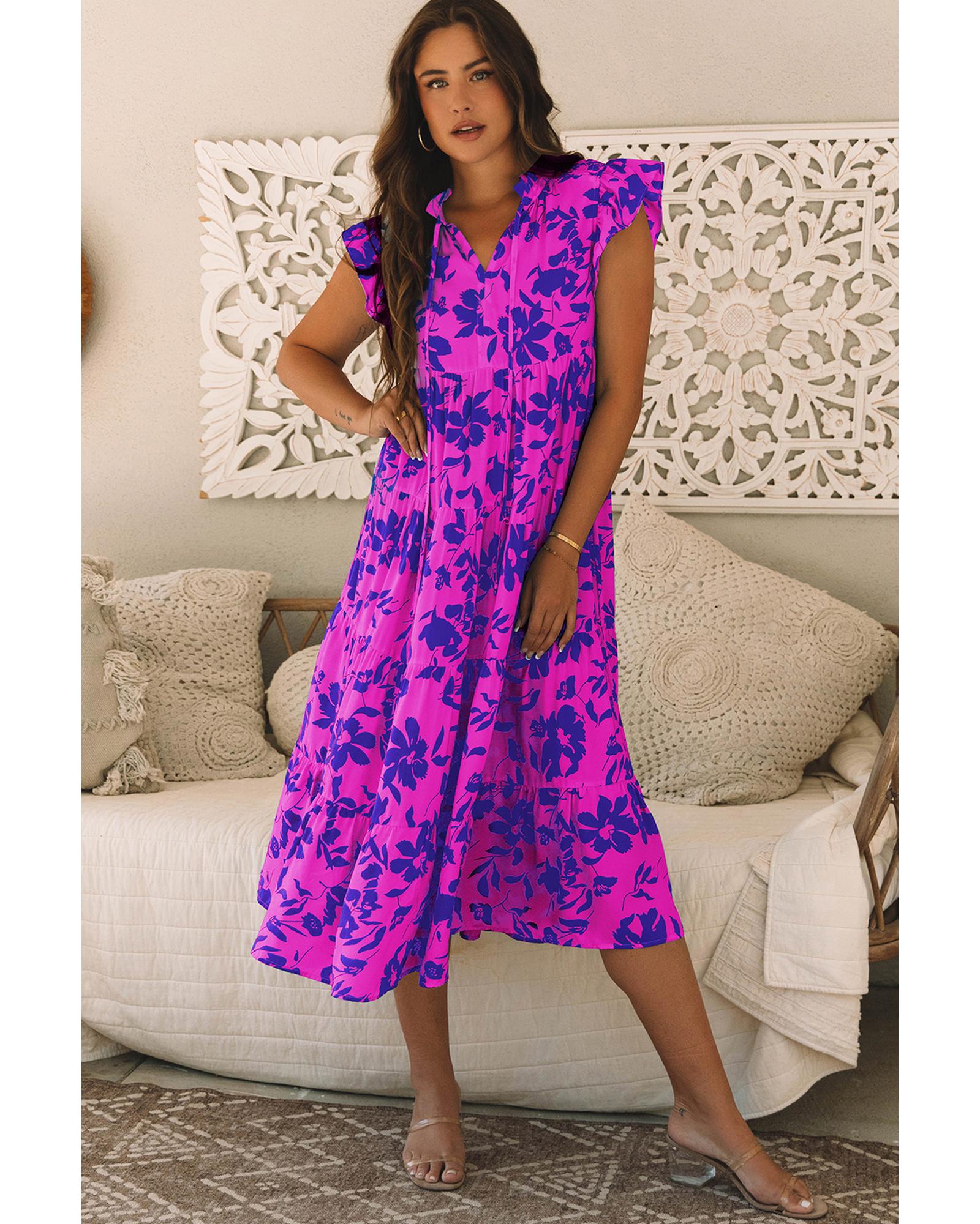 Rose Floral Print Tiered Frilled Trim Flutter Sleeve Maxi Dress - S 3