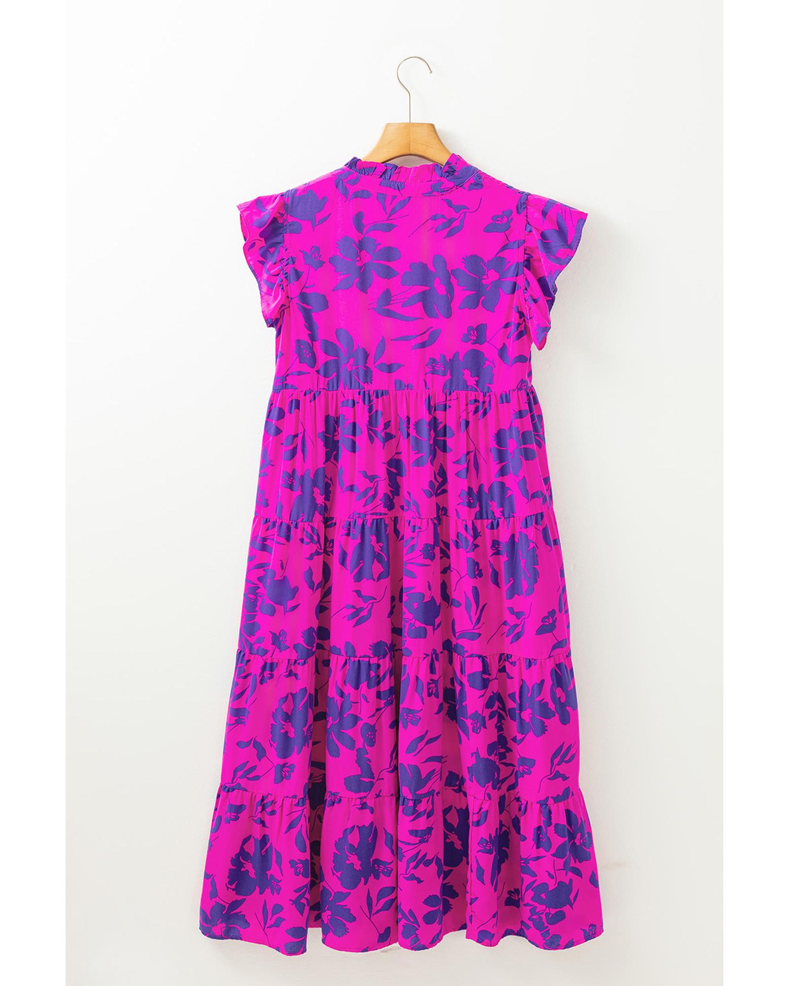 Rose Floral Print Tiered Frilled Trim Flutter Sleeve Maxi Dress - S 7