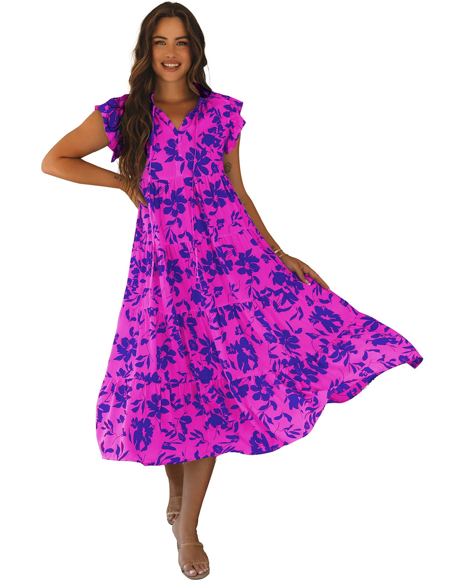 Rose Floral Print Tiered Frilled Trim Flutter Sleeve Maxi Dress - S 8