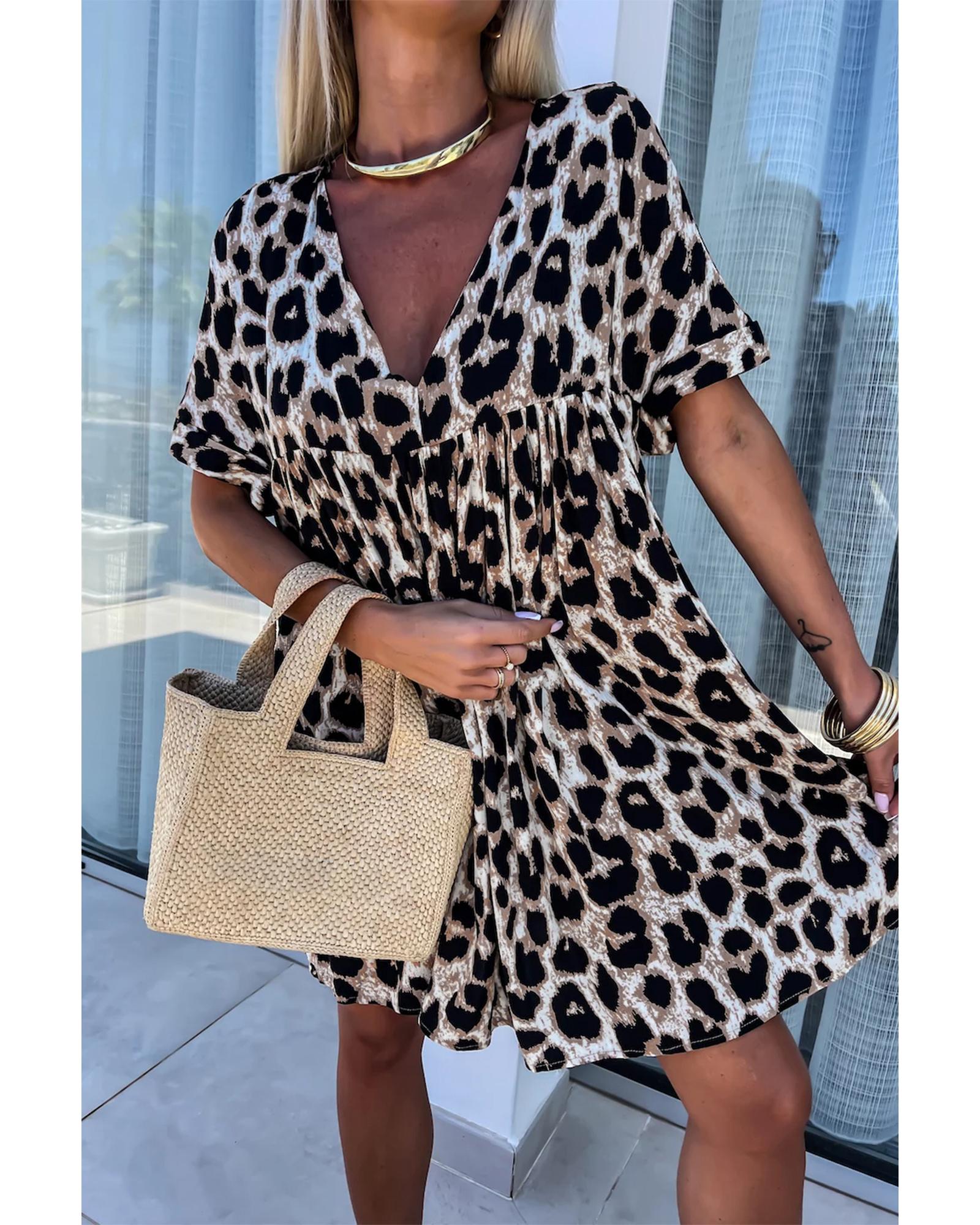 Khaki Cheetah Print Backless V Neck Loose Fit Mini Dress - S 5