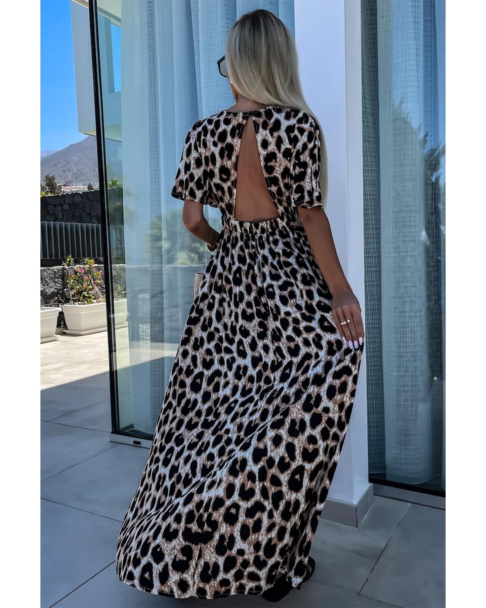 Khaki Leopard V Neck Cinched High Waist Open Back Maxi Dress - L