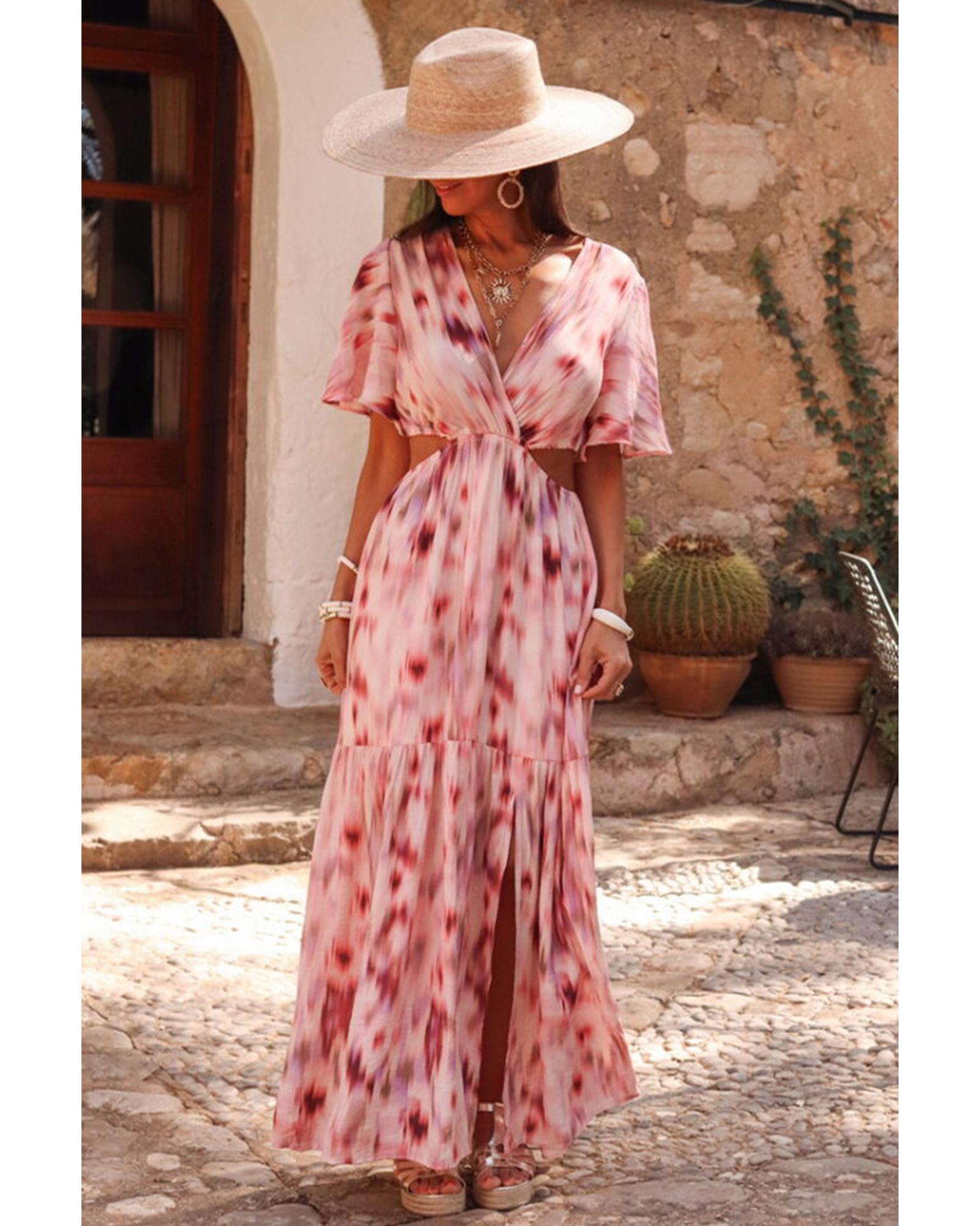 Pink Abstract Printed Flutter Sleeve Daring Cutout Long Dress - L 6