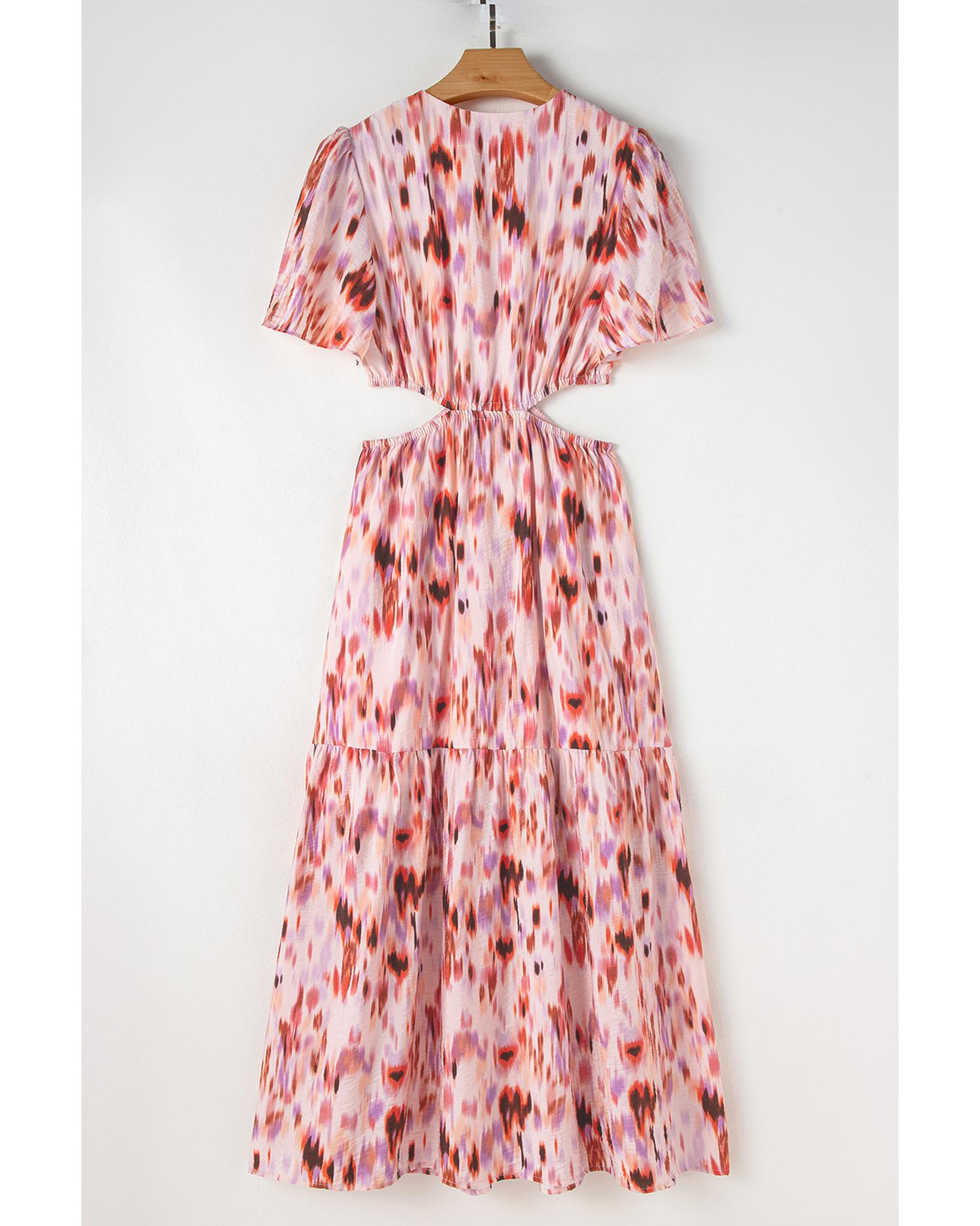 Pink Abstract Printed Flutter Sleeve Daring Cutout Long Dress - L 8