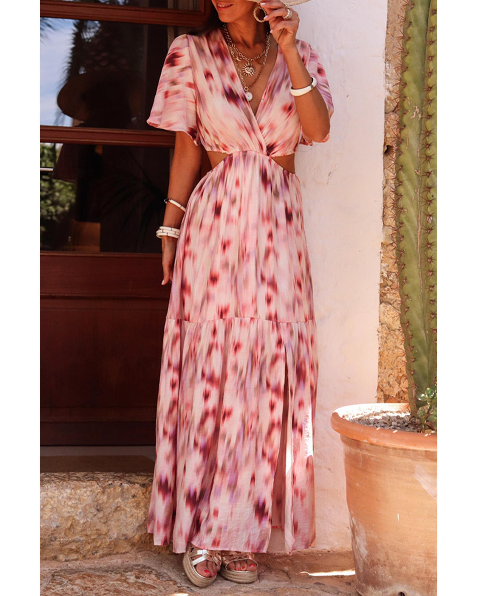 Pink Abstract Printed Flutter Sleeve Daring Cutout Long Dress - M