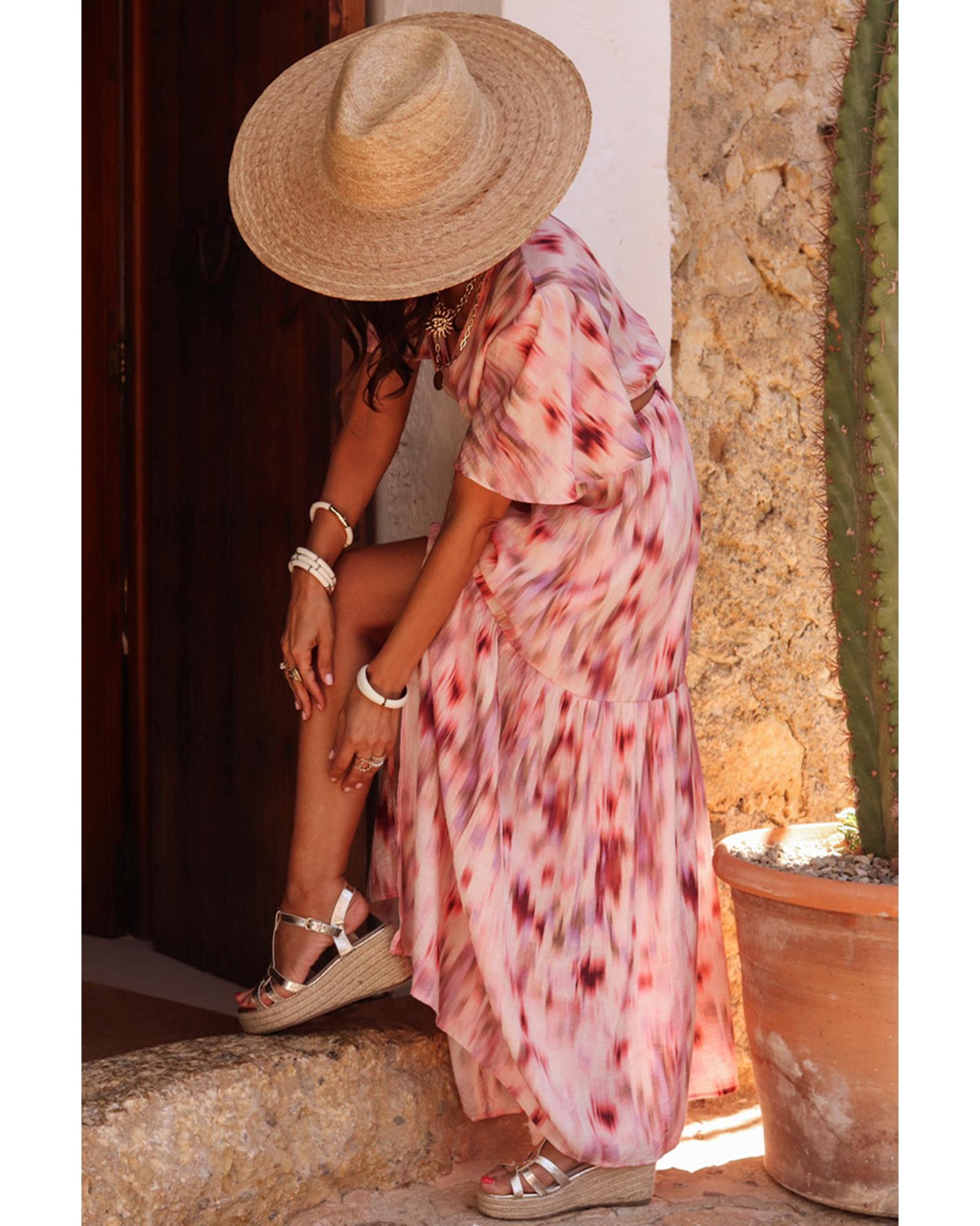 Pink Abstract Printed Flutter Sleeve Daring Cutout Long Dress - M 3