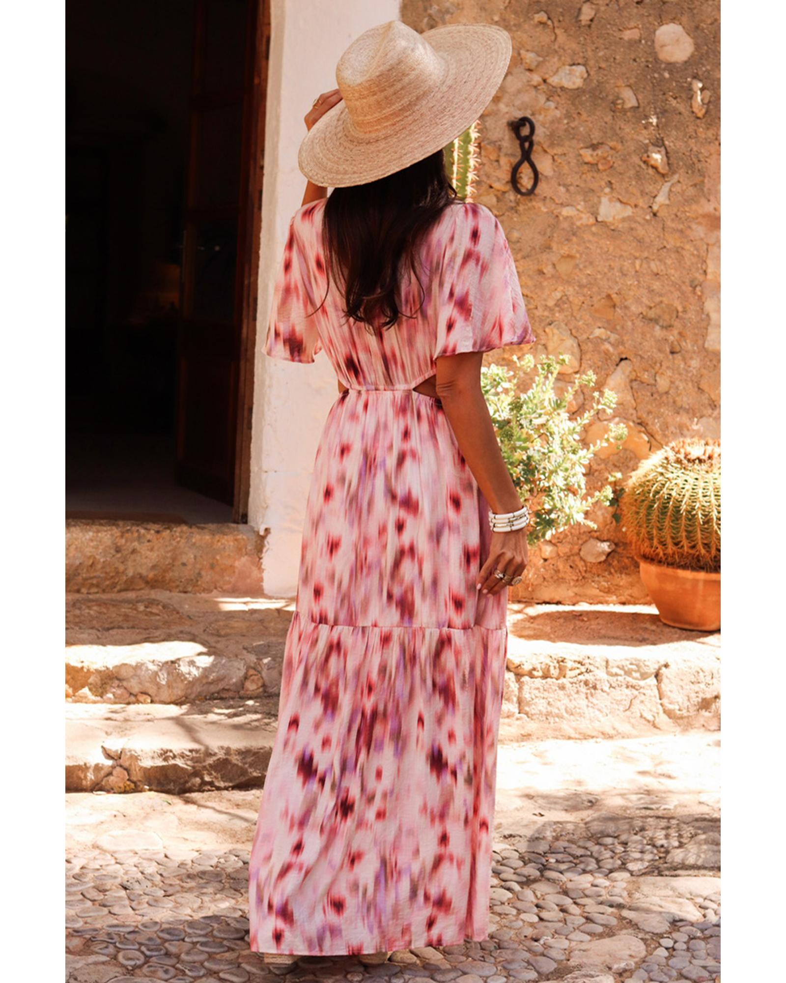Pink Abstract Printed Flutter Sleeve Daring Cutout Long Dress - S