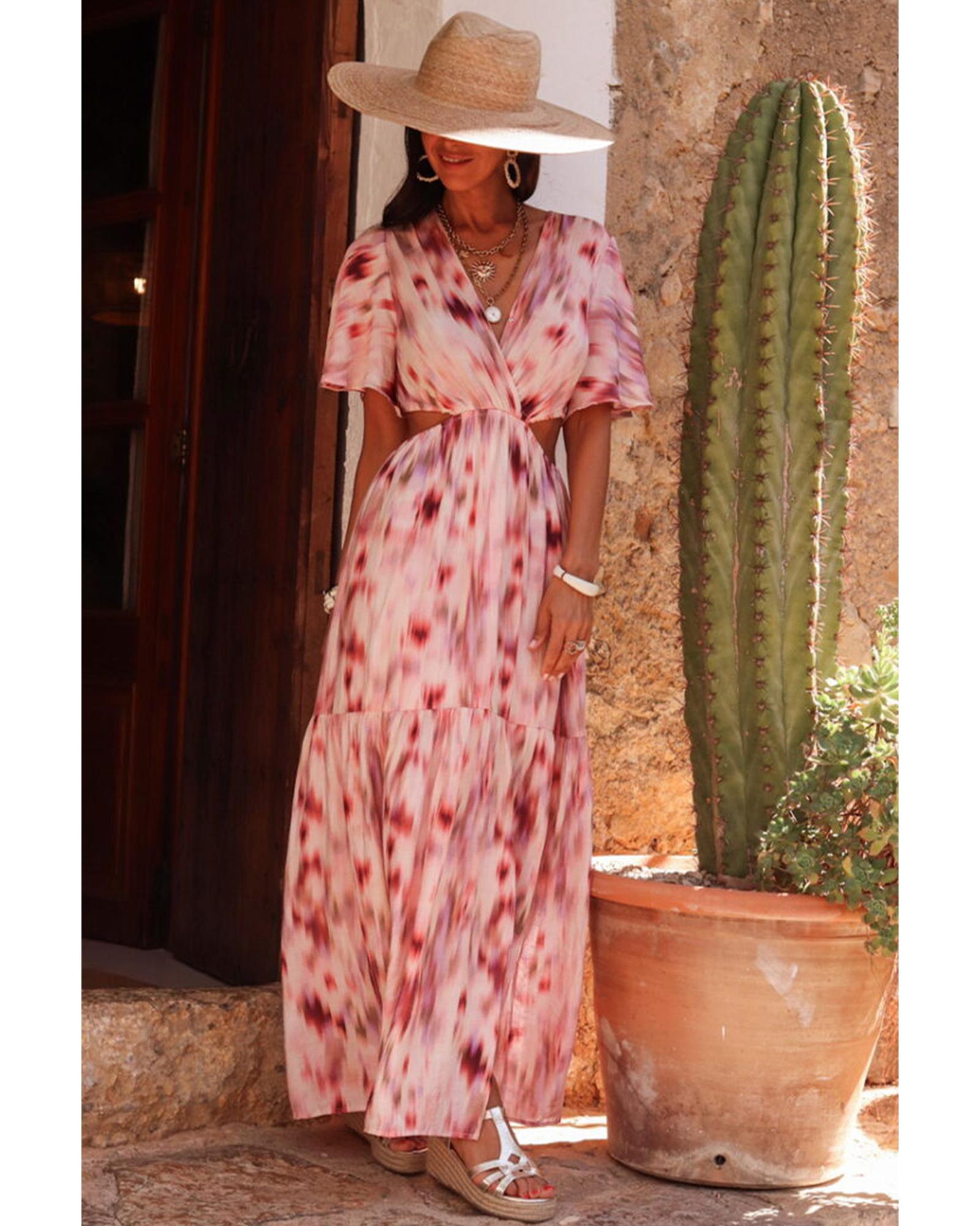 Pink Abstract Printed Flutter Sleeve Daring Cutout Long Dress - XL 4