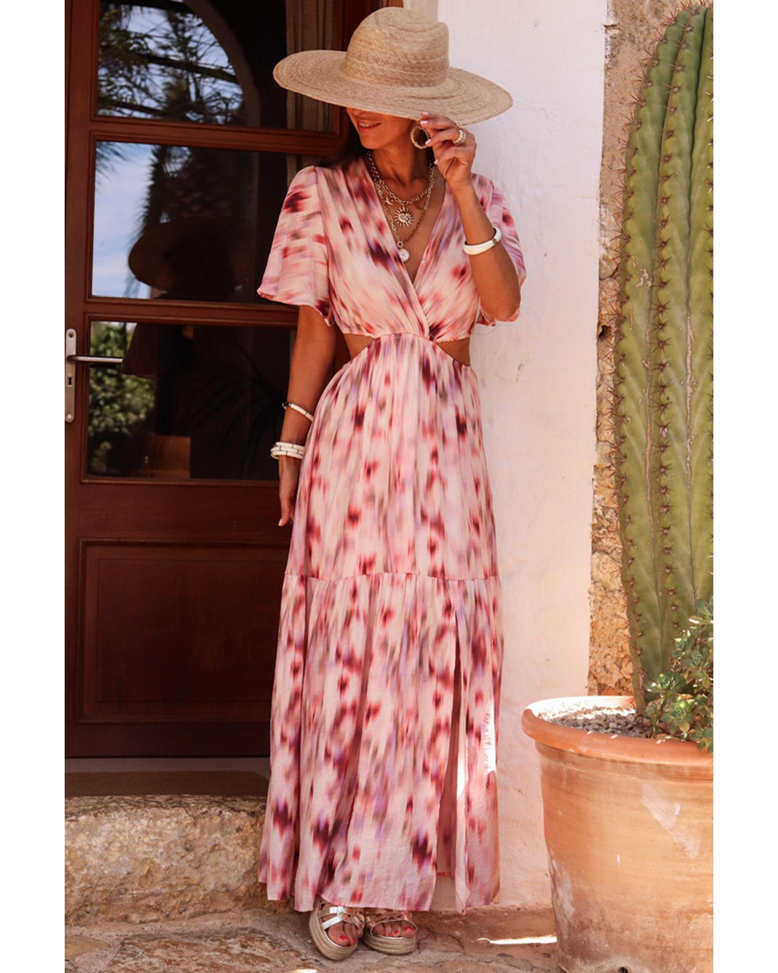 Pink Abstract Printed Flutter Sleeve Daring Cutout Long Dress - XL 5