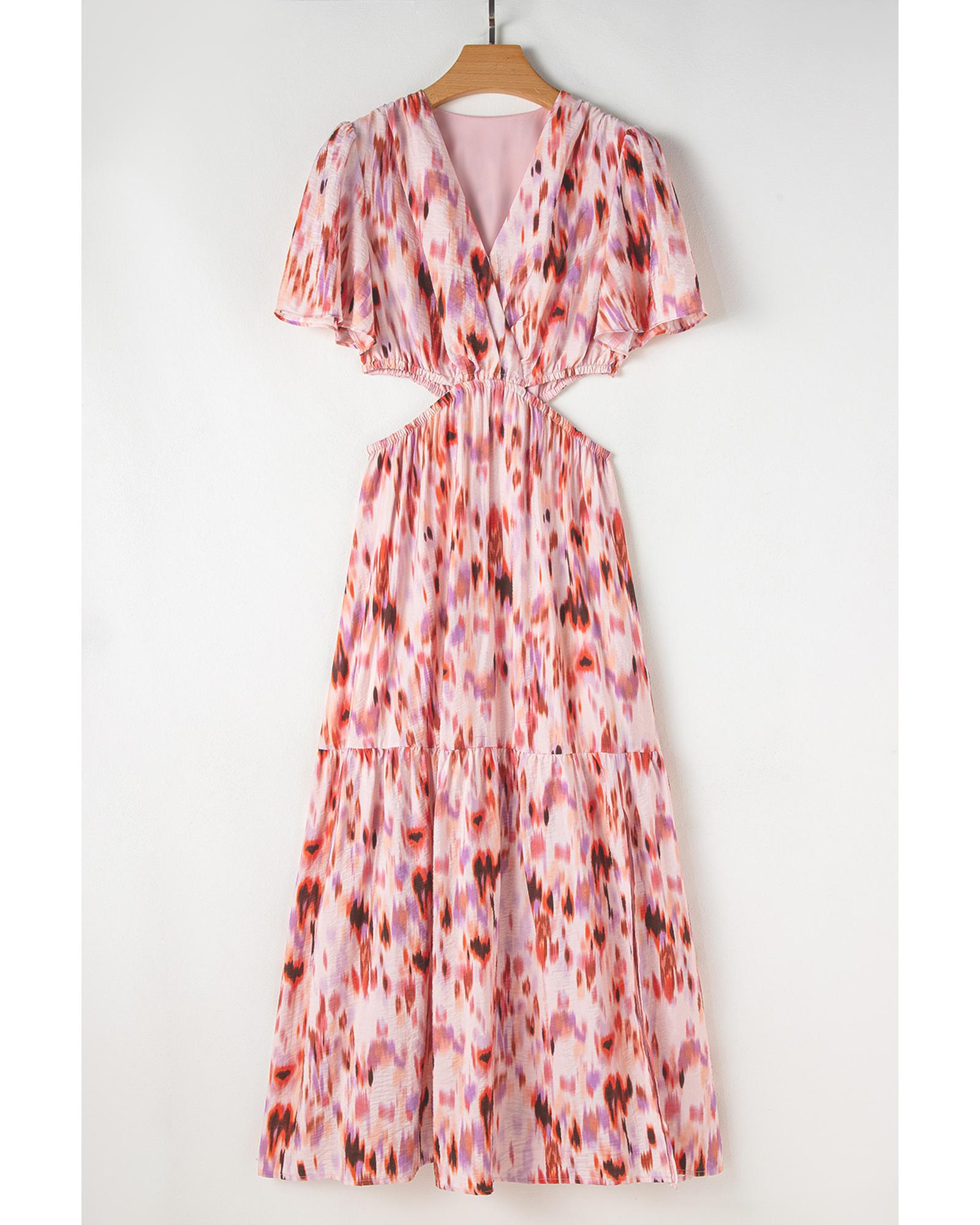 Pink Abstract Printed Flutter Sleeve Daring Cutout Long Dress - XL 7