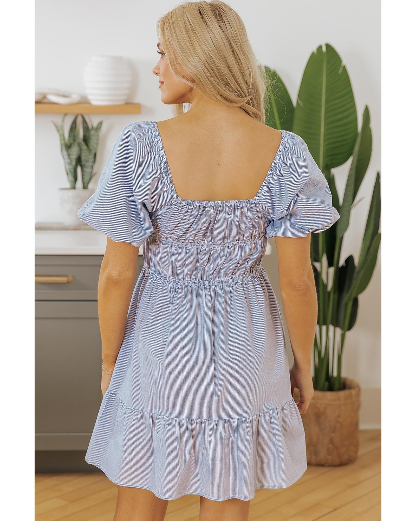 Sky Blue Stripe Bubble Sleeve Square Neck Ruched Pocketed Babydoll Dress - L
