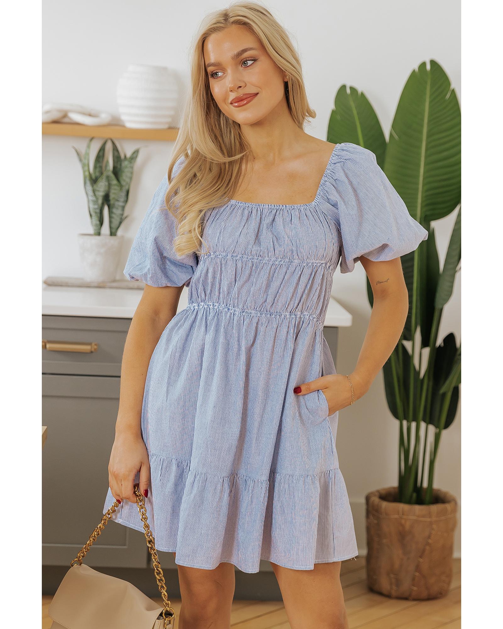 Sky Blue Stripe Bubble Sleeve Square Neck Ruched Pocketed Babydoll Dress - XL