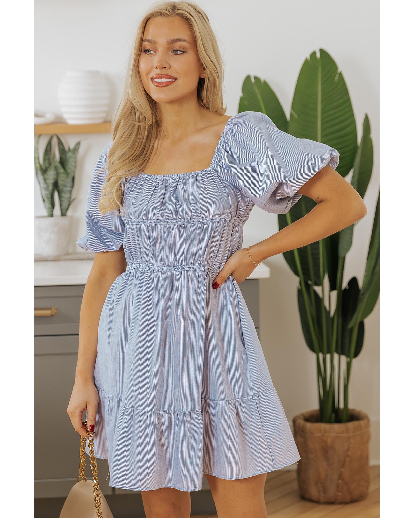 Sky Blue Stripe Bubble Sleeve Square Neck Ruched Pocketed Babydoll Dress - XL 6