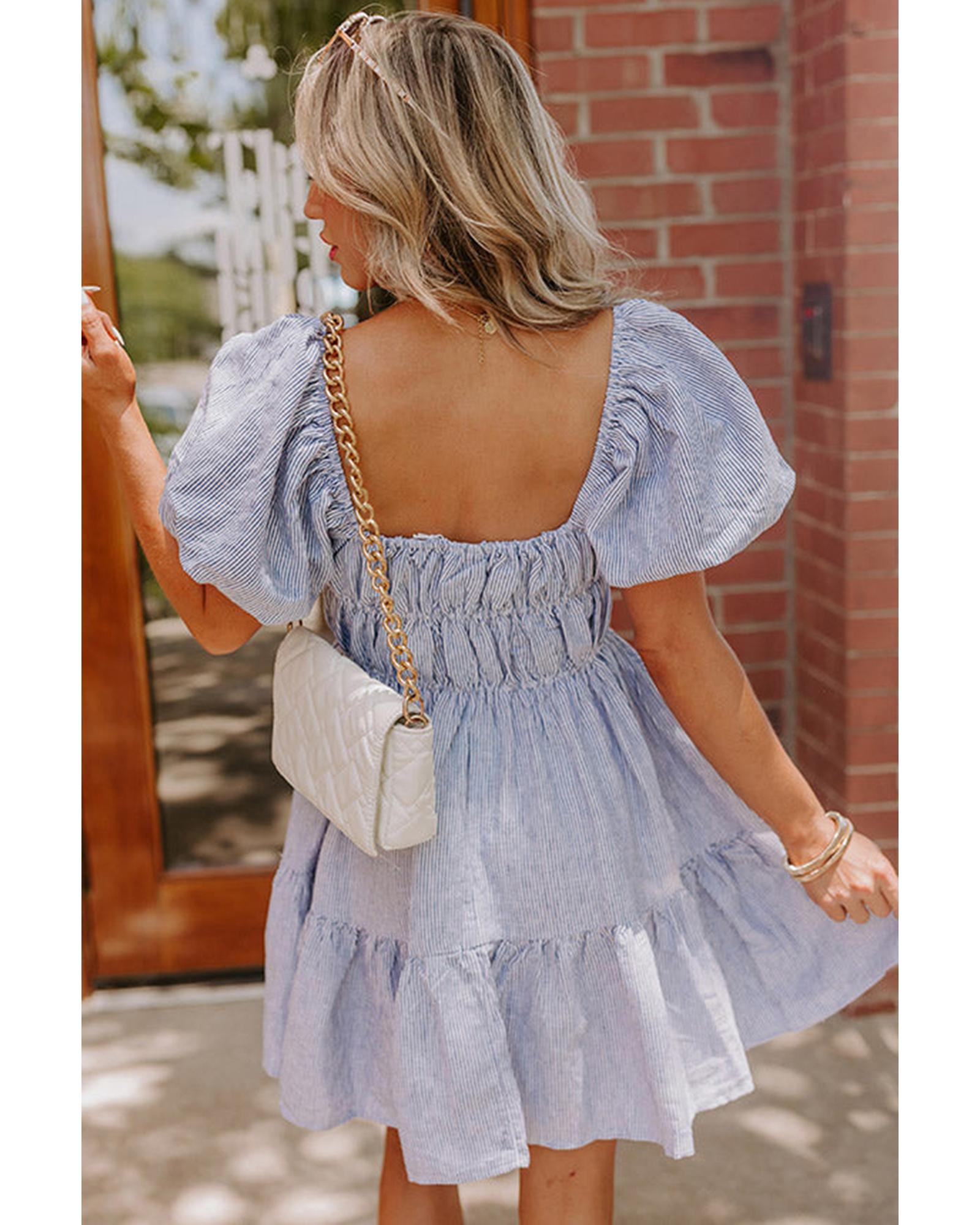 Sky Blue Stripe Bubble Sleeve Square Neck Ruched Pocketed Babydoll Dress - XL 8