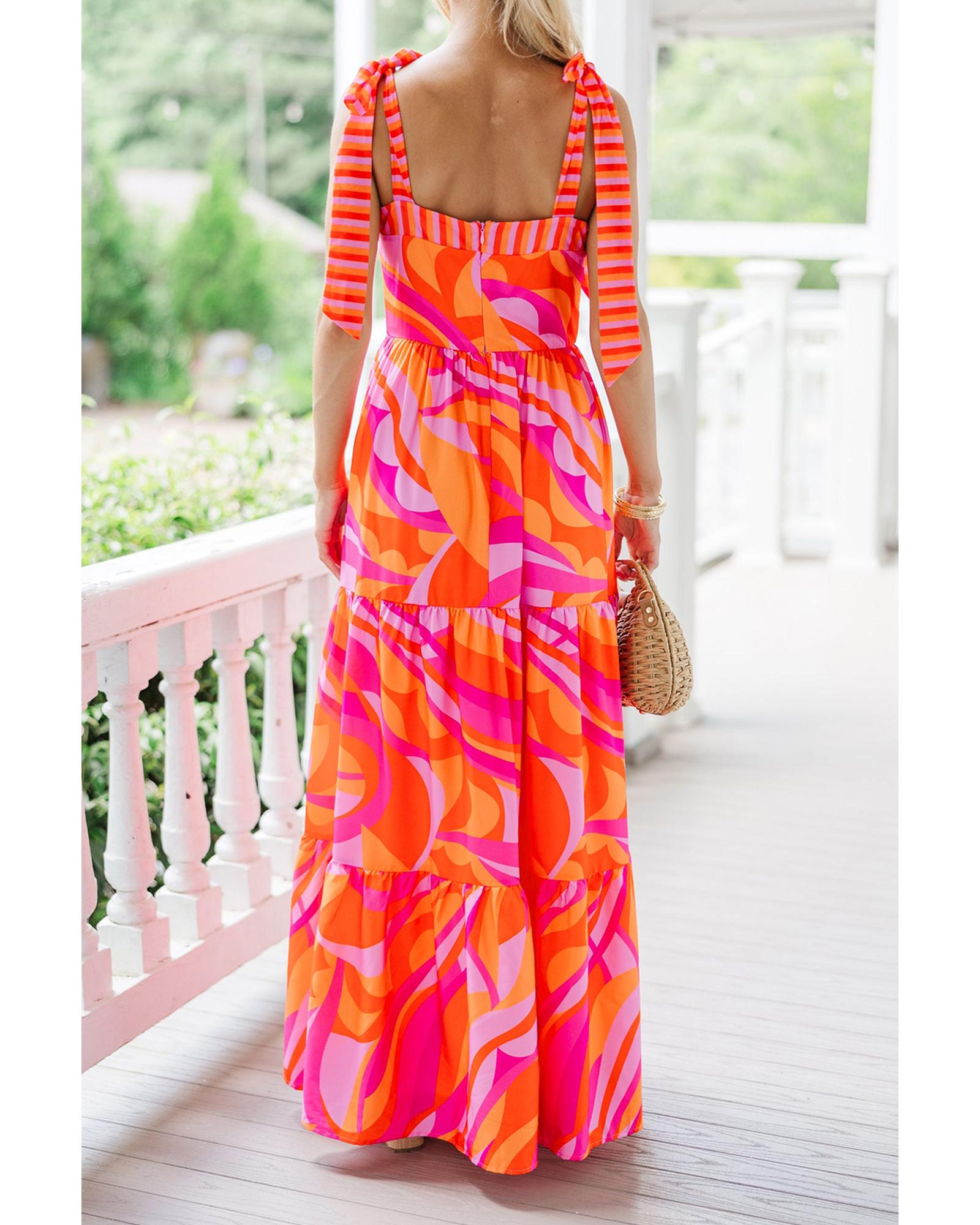 Red Abstract Print Knotted Shoulder High Waist Maxi Dress - L