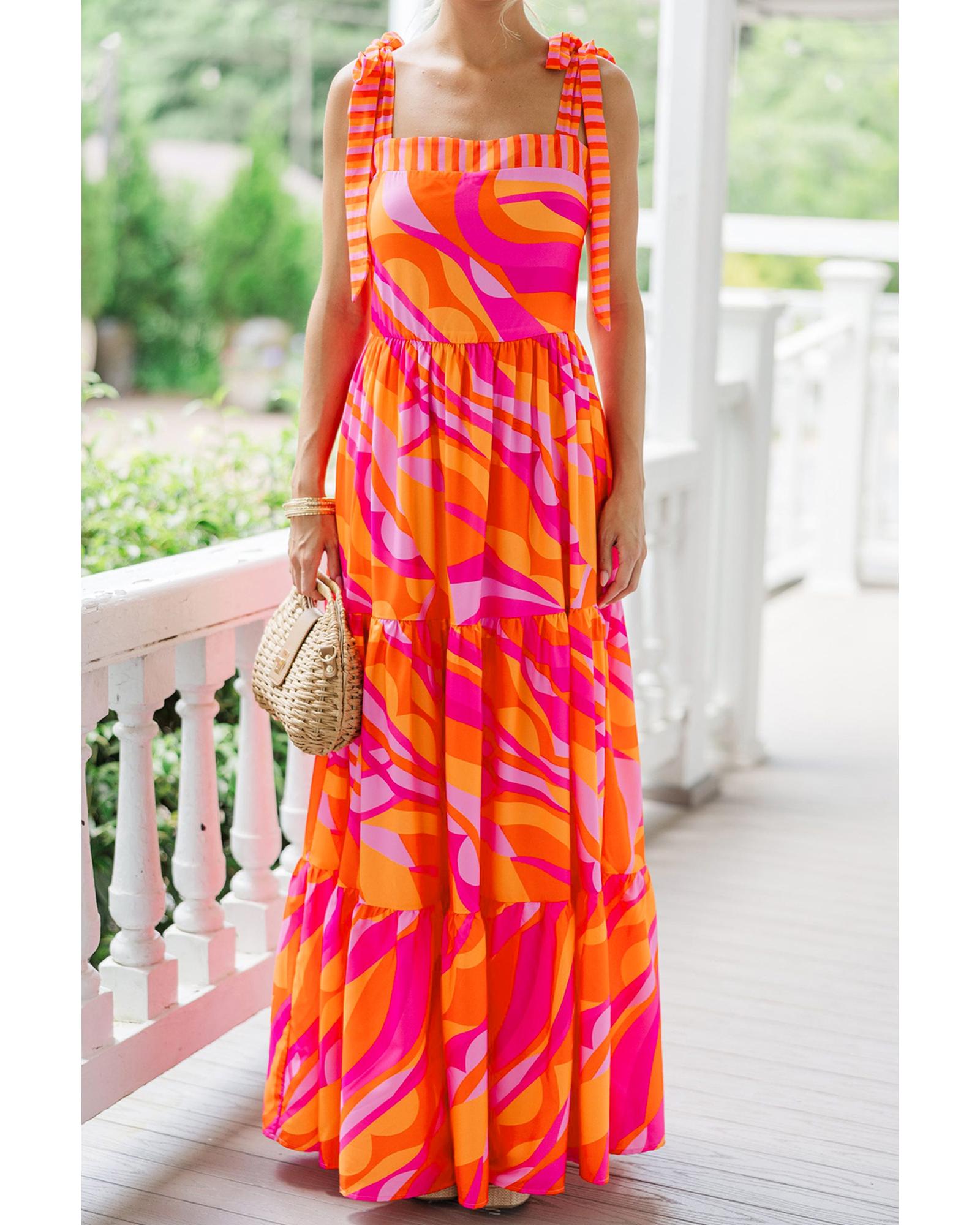 Red Abstract Print Knotted Shoulder High Waist Maxi Dress - L 5