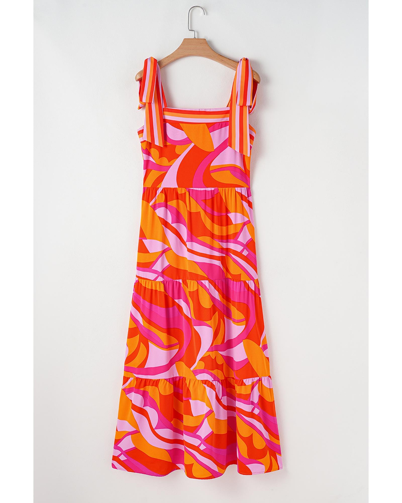 Red Abstract Print Knotted Shoulder High Waist Maxi Dress - L 7