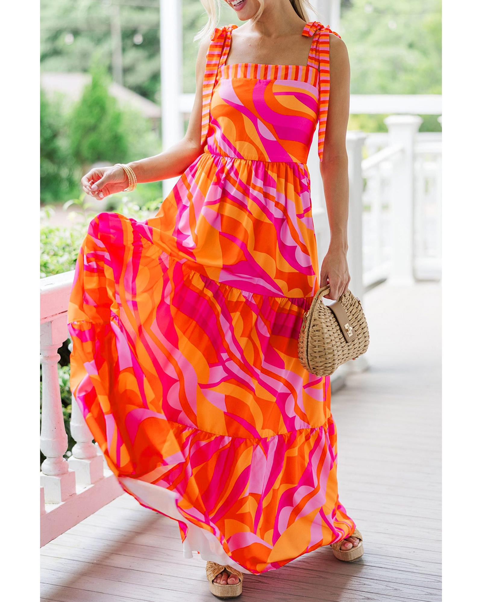 Red Abstract Print Knotted Shoulder High Waist Maxi Dress - M 3