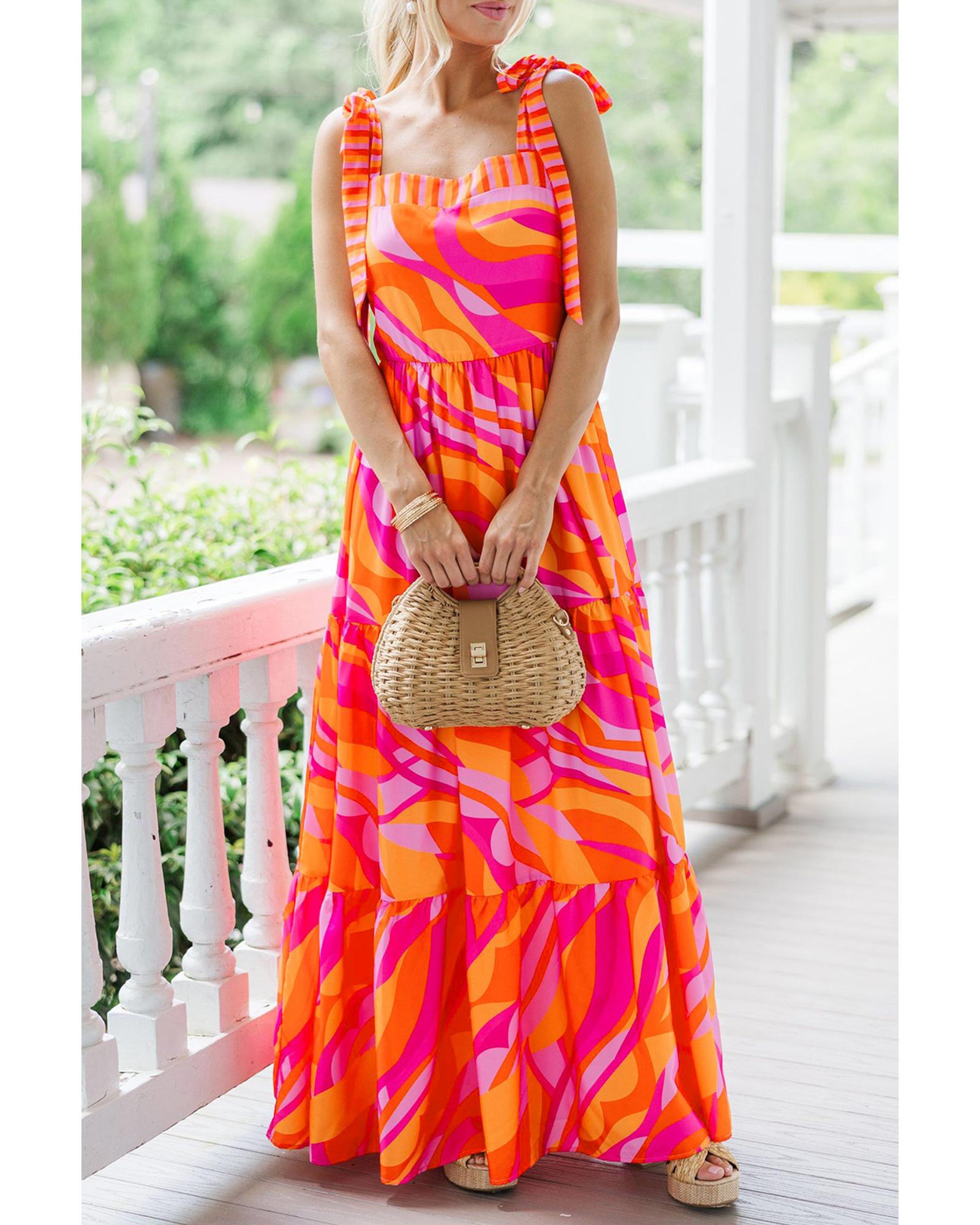 Red Abstract Print Knotted Shoulder High Waist Maxi Dress - M 4