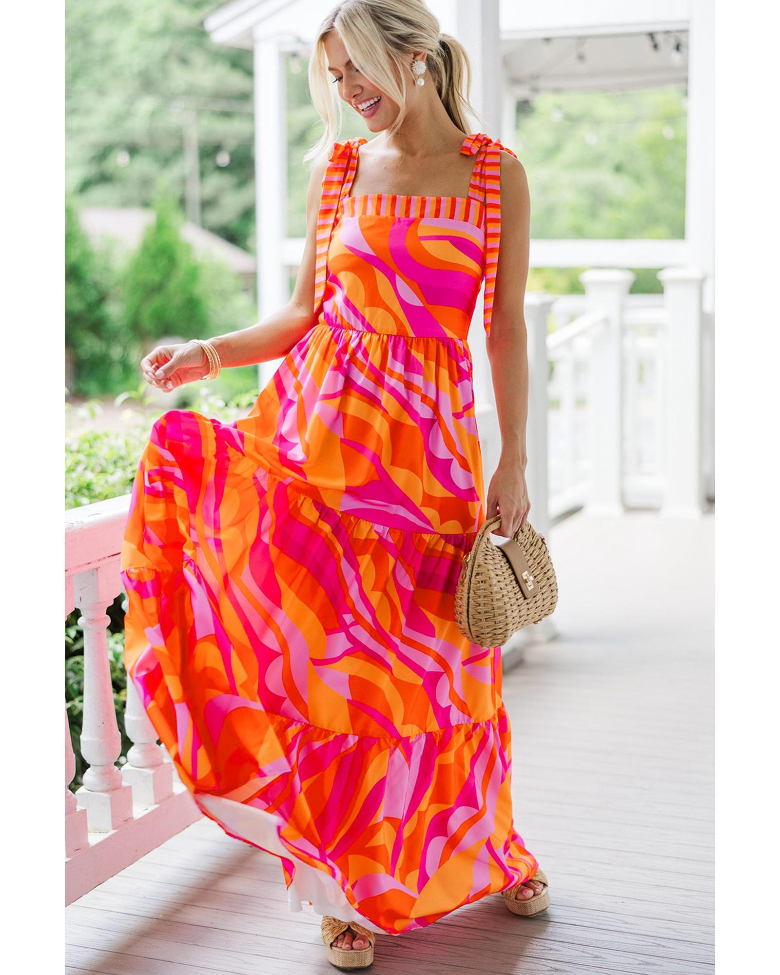 Red Abstract Print Knotted Shoulder High Waist Maxi Dress - M 6