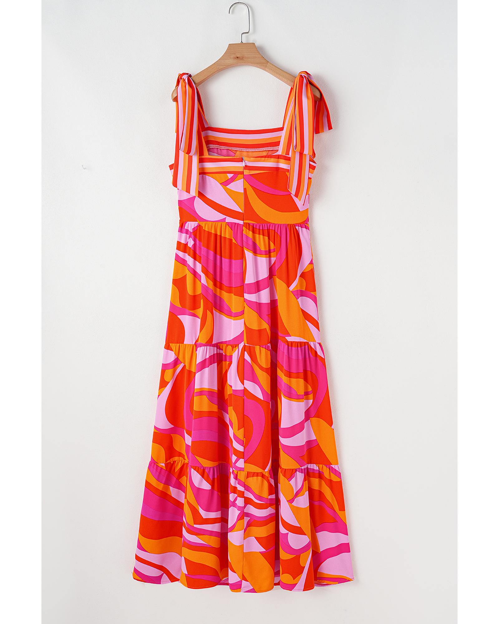 Red Abstract Print Knotted Shoulder High Waist Maxi Dress - M 8