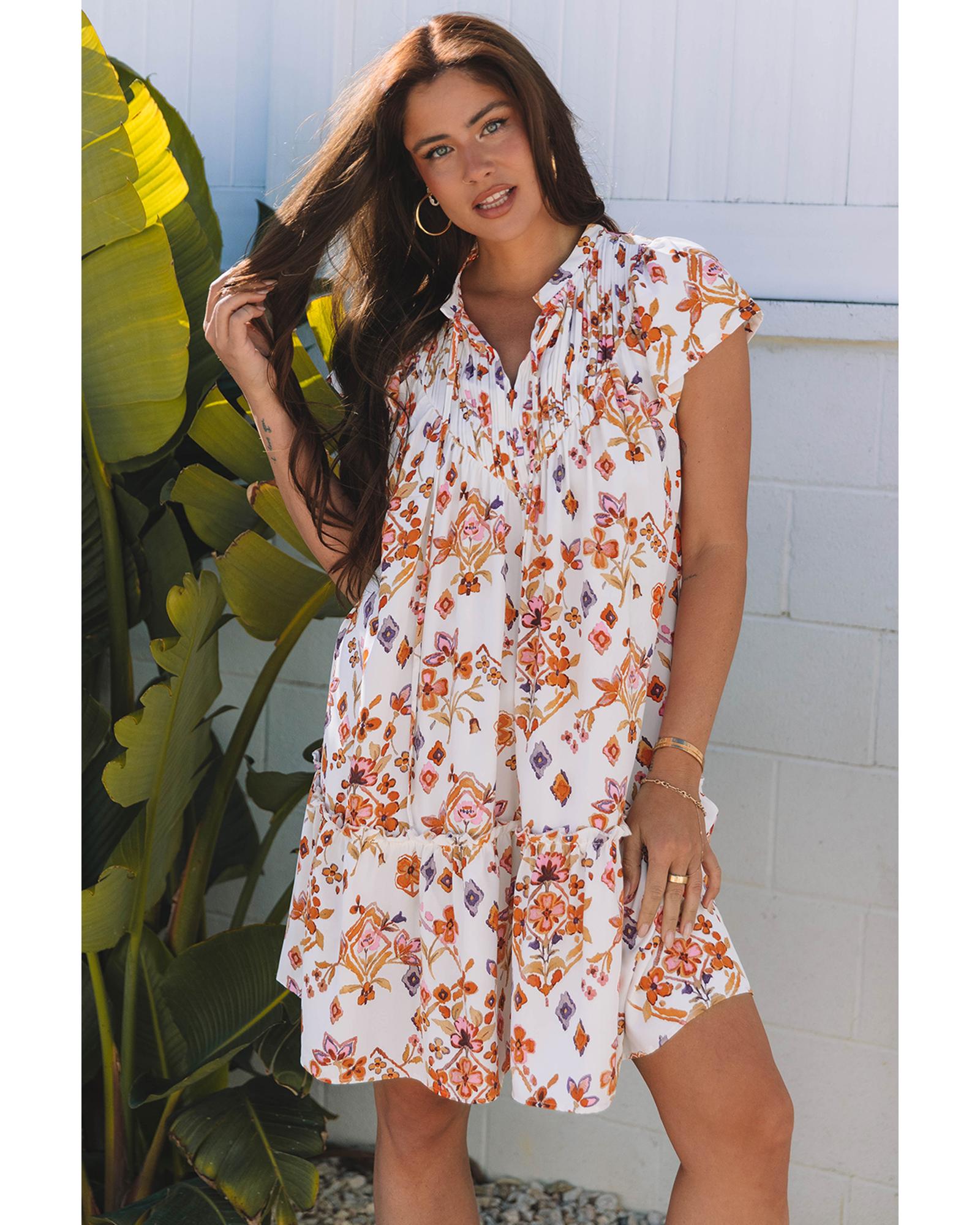 Apricot Floral Geometric Print Ruffled Trim Flutter Sleeve Mini Dress - L 5