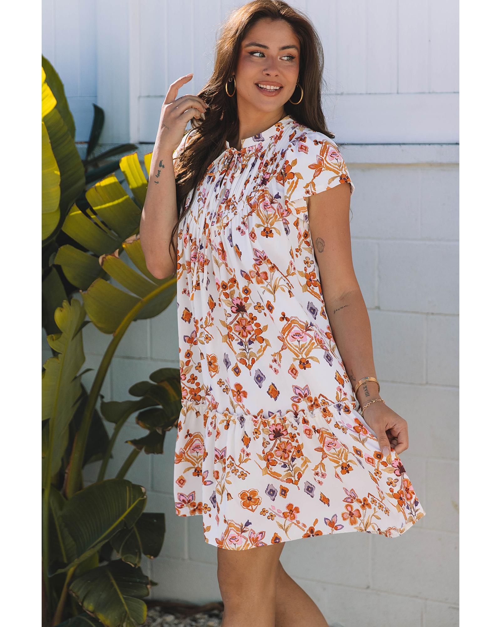 Apricot Floral Geometric Print Ruffled Trim Flutter Sleeve Mini Dress - M 3