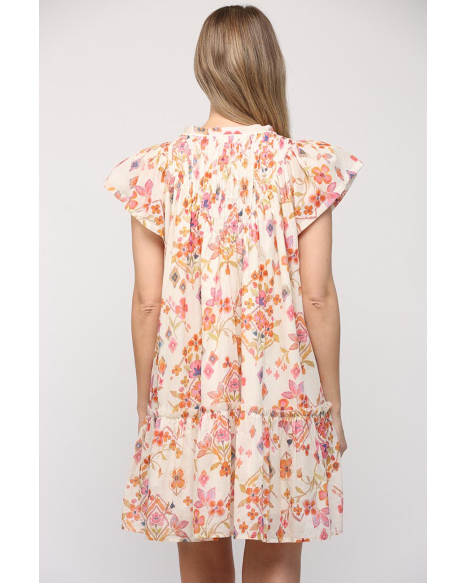 Apricot Floral Geometric Print Ruffled Trim Flutter Sleeve Mini Dress - M 7