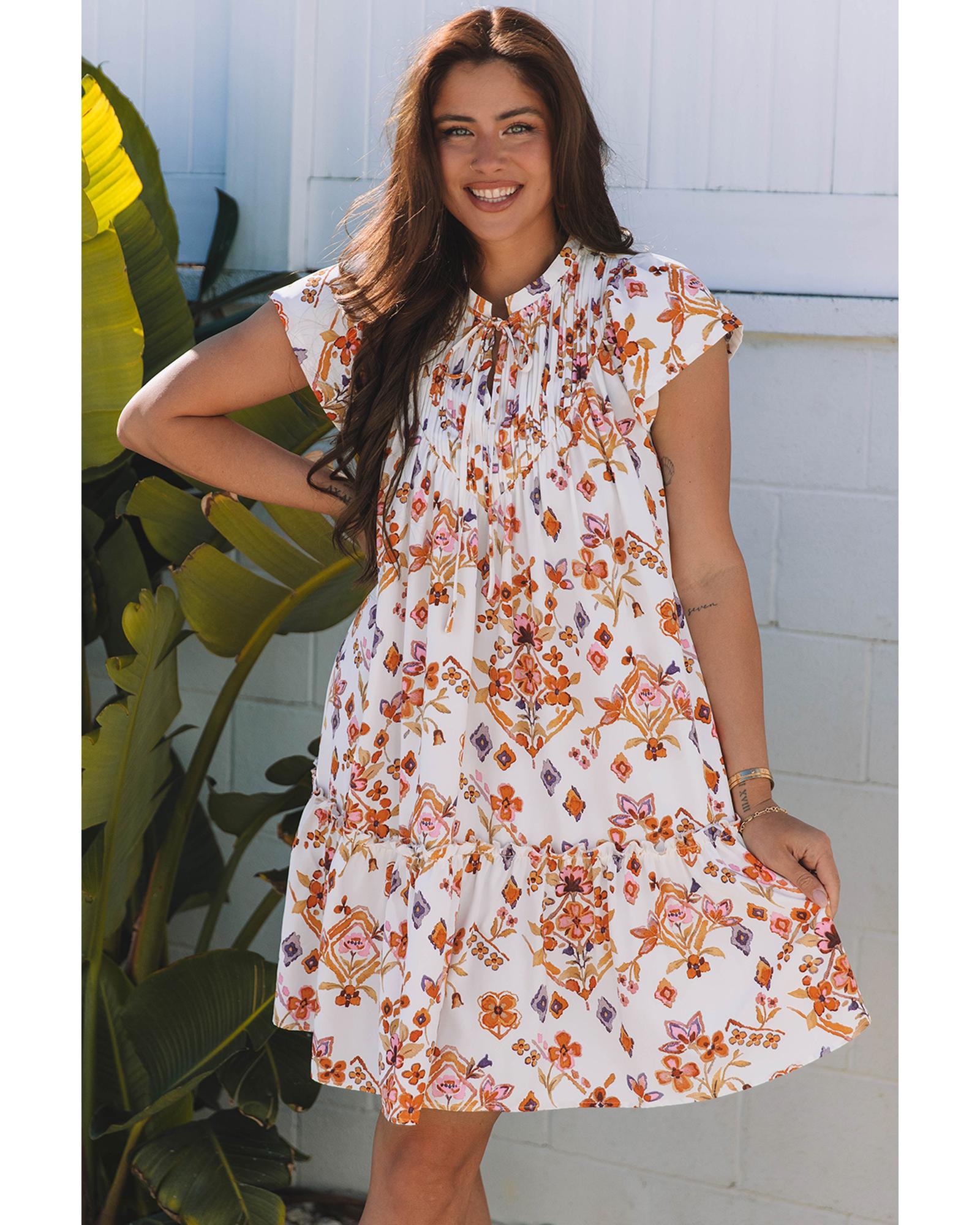 Apricot Floral Geometric Print Ruffled Trim Flutter Sleeve Mini Dress - XL 4