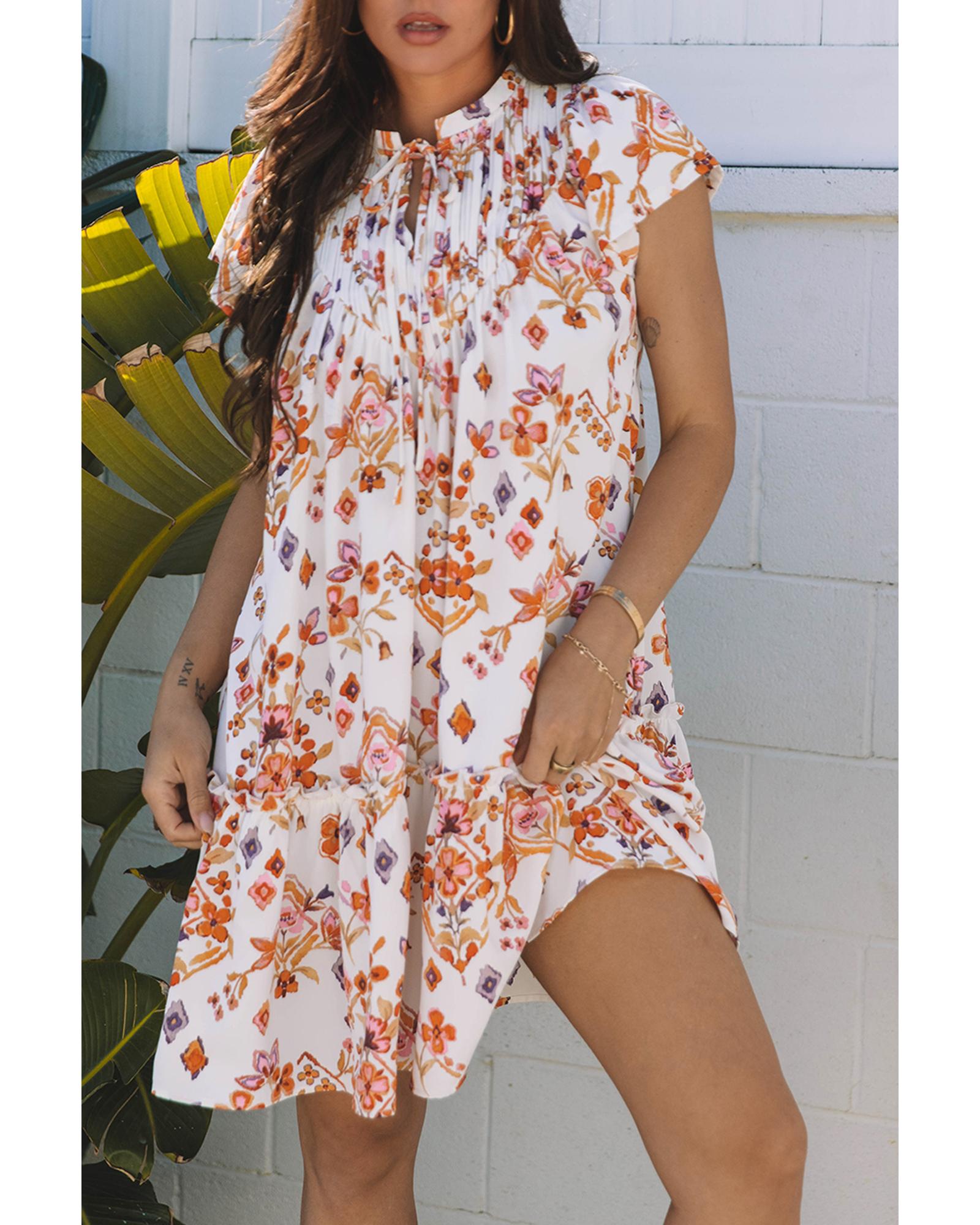 Apricot Floral Geometric Print Ruffled Trim Flutter Sleeve Mini Dress - XL 6