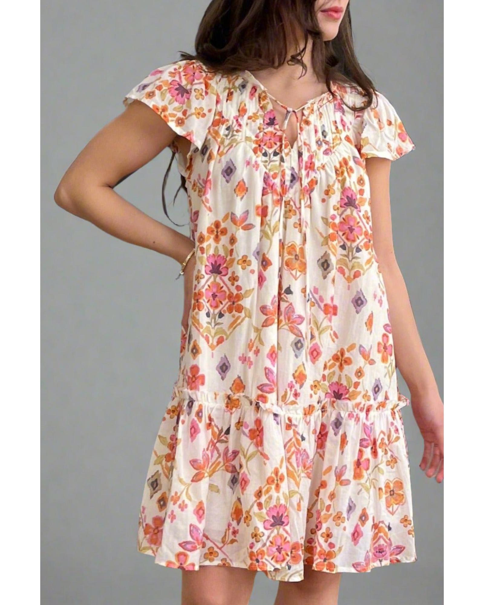 Apricot Floral Geometric Print Ruffled Trim Flutter Sleeve Mini Dress - XL 7