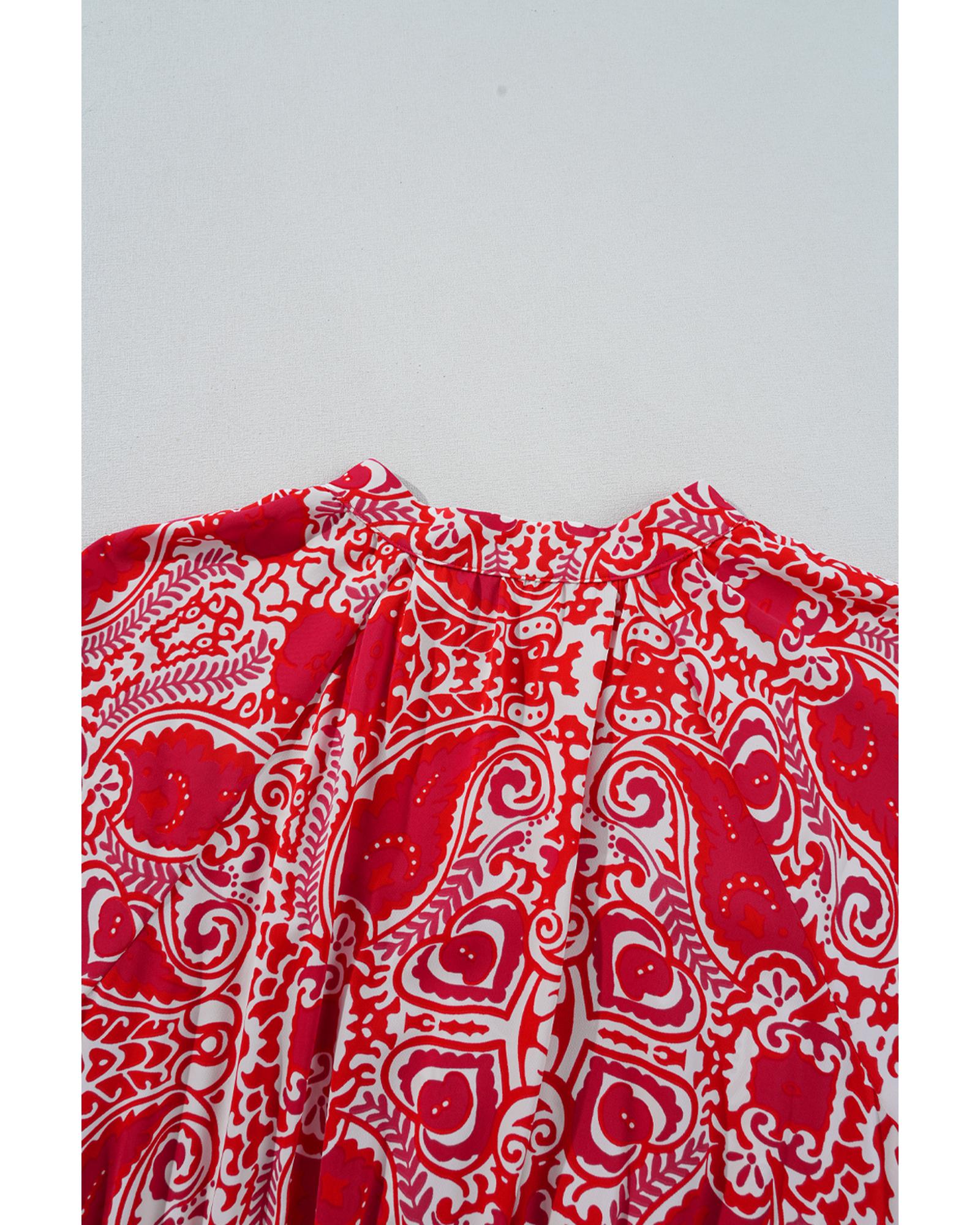 Red Paisley Print Side Slit Puff Sleeve High Waist Maxi Dress - L 5